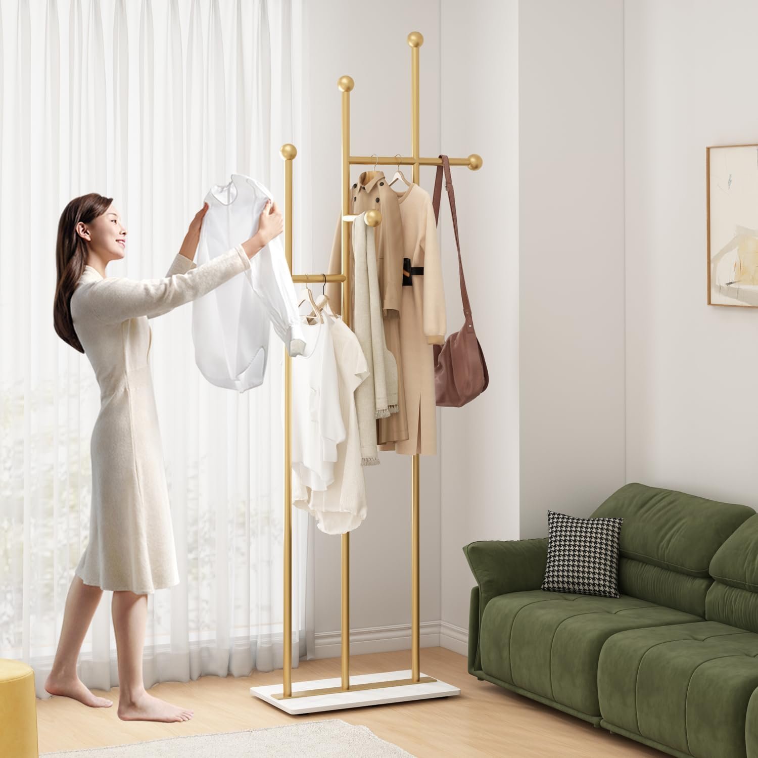 Gold Coat Racks with Marble Base Heavy Duty Clothes Rack Metal Coat Tree for Clothes Hats Scarfs Totes-19.7''L,GOLD - Image 2