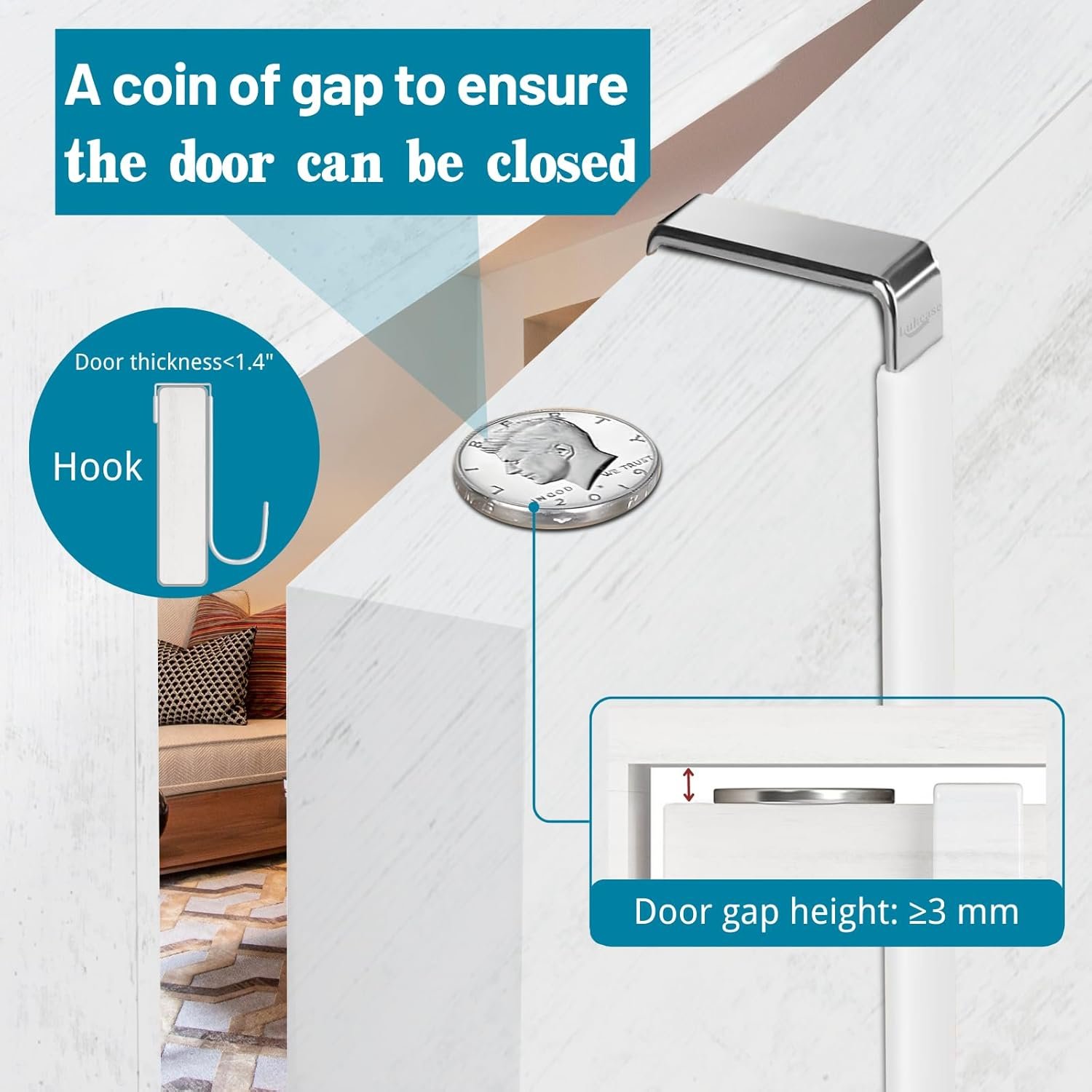 Over The Door Hooks, 4 Pack Steel Door Hangers Hook w/Rubber Coating, Fit 0.7''-1.4'' Door Width, Organizer for Living Room, Bedroom, Bathroom, Kitchen Hanging Clothes, Towels, Hat, Bag - Image 5