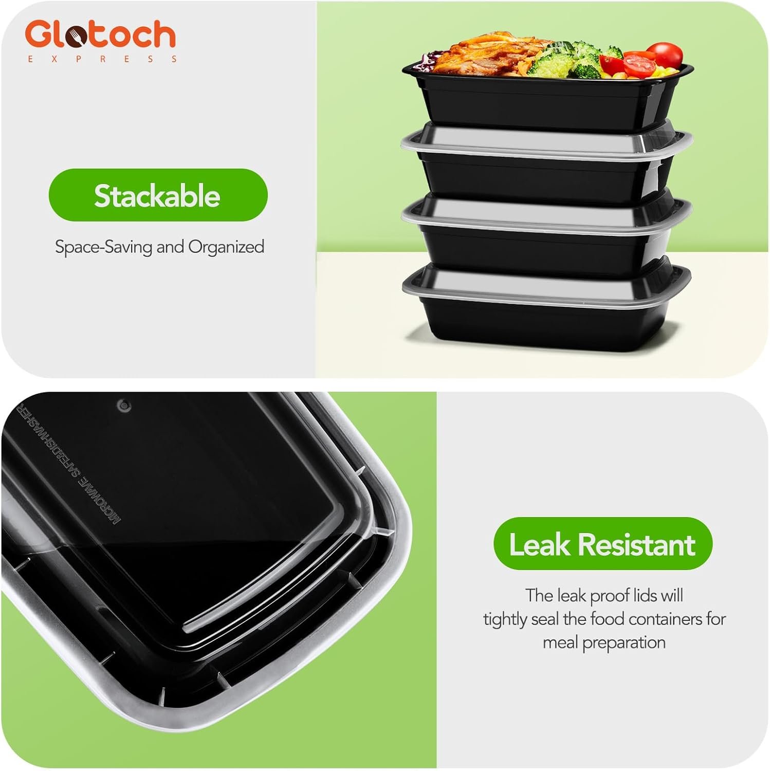 100-Piece (50-Pack) 24 OZ Meal Prep Containers Reusable with Lids, Sturdy Leakproof & Food Safe, Microwave, Freezer, Dishwasher Safe To Go Food Containers, Plastic Take Out Containers, Black - Image 9