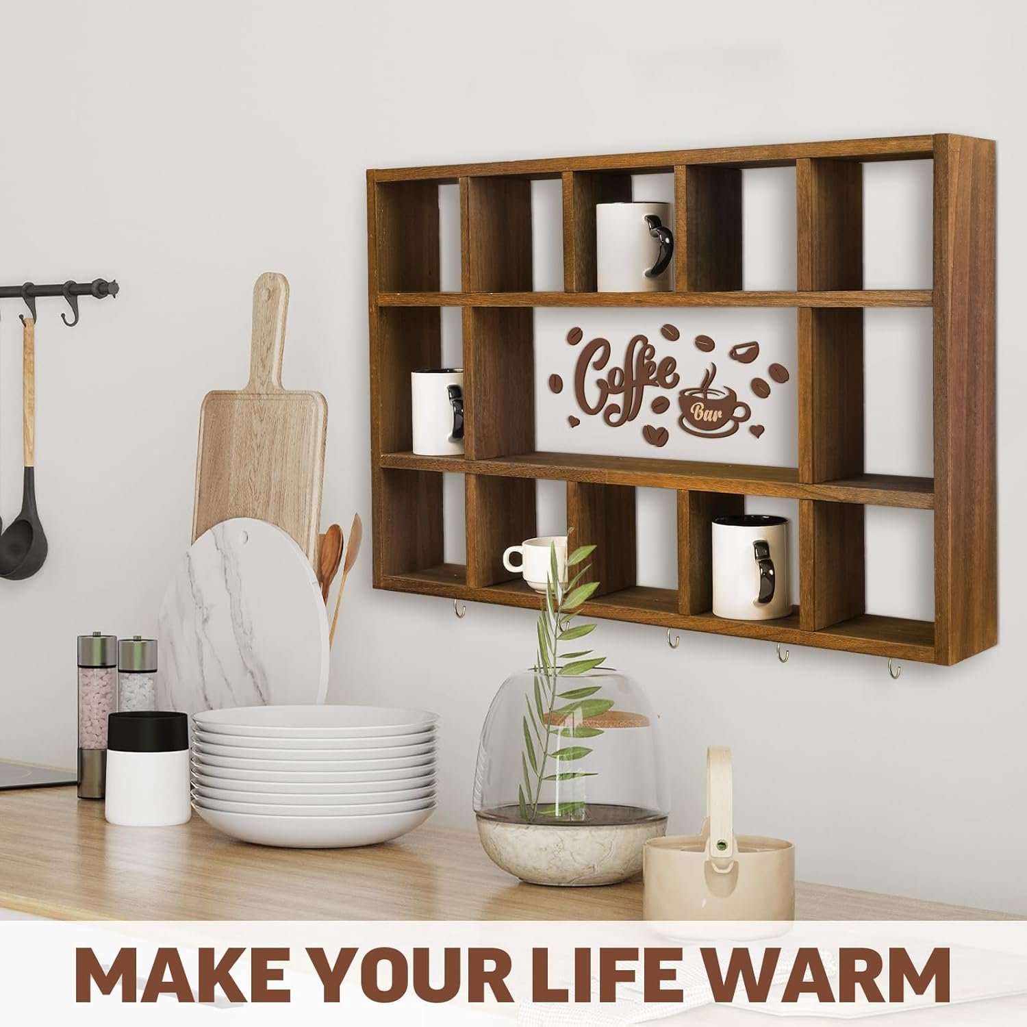 Oversize Coffee Mug Display Shelf for Wall Wood Coffee Mug Rack Wall Mounted Shelf Cubes Cup Hooks Hanger with Bar Sign Decor for Kitchen Station Bar Accessories(Rustic Brown) - Image 5