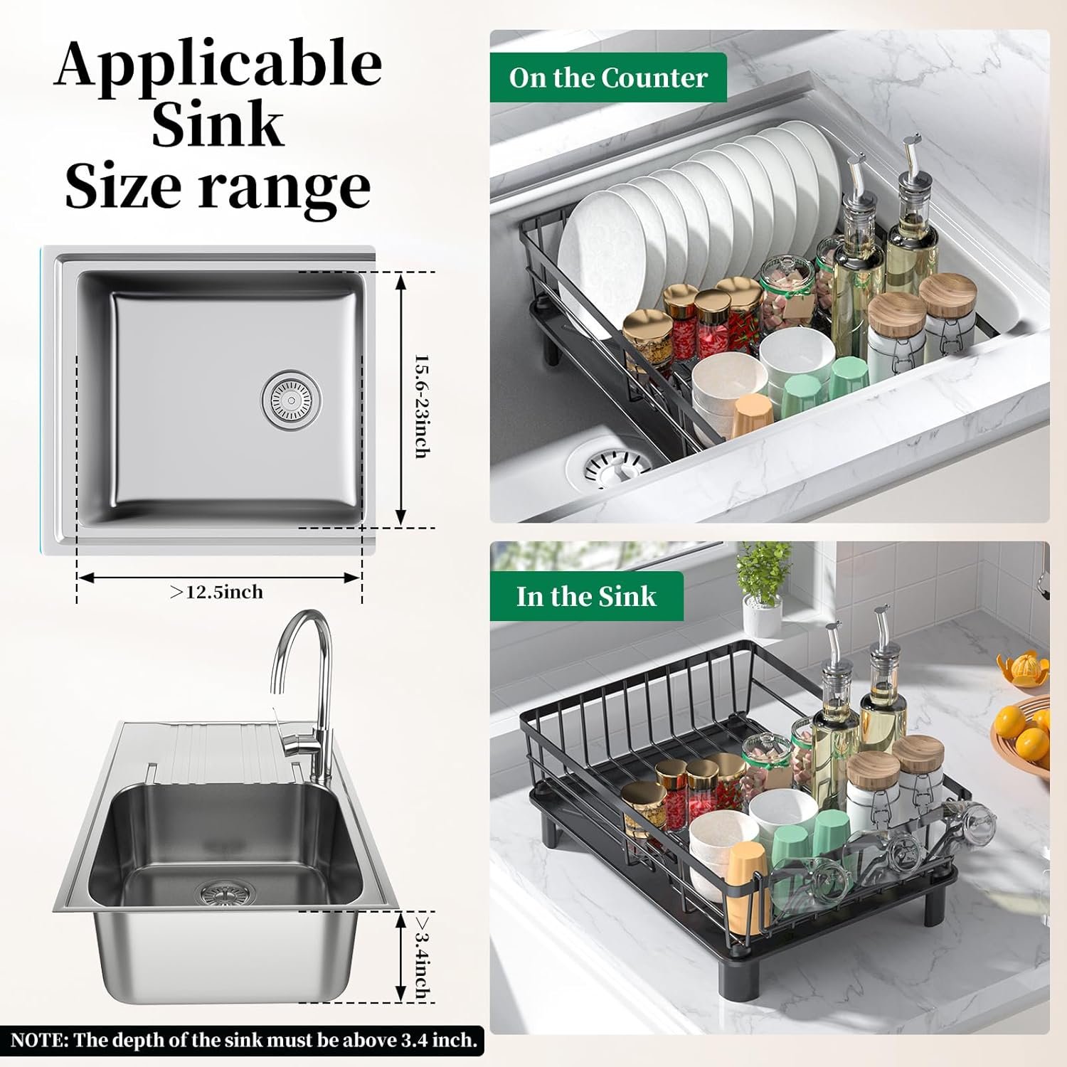 Dish Drying Rack Space-Saving Dish Racks for Kitchen Counter with Drainer, Rustproof Drying Rack with Sink Organizer and Utensil Holder,15" Dx11 W (inches),Black,Rv and Apartment Must Haves - Image 6