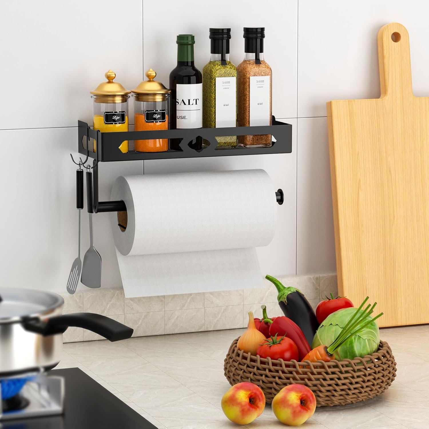 Paper Towel Holder with Shelf for Bathroom, Kitchen Paper Holder Spice Rack Paper Towel Roll Holder Wall Mounted Paper Towel Holder with 2 Hooks(2 Installation Methods - Self-Adhesive and Drilling) - Image 3