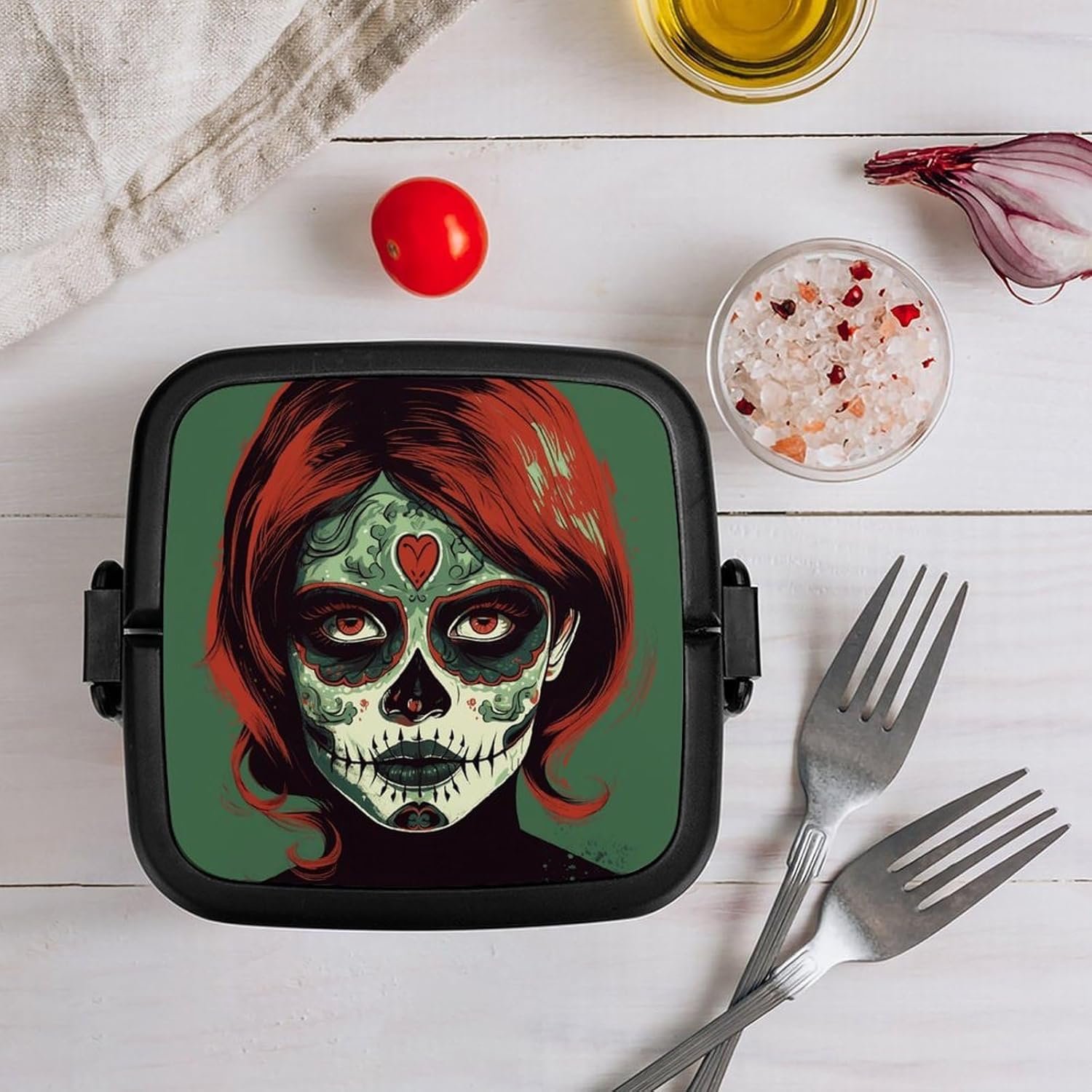 Skull Makeup Bento Box with Spoon, 2-layer Stackable Lunch Box Leak Proof with Invisible Handle, Insulated Food Storage for Office, Picnic & Travel - Image 9
