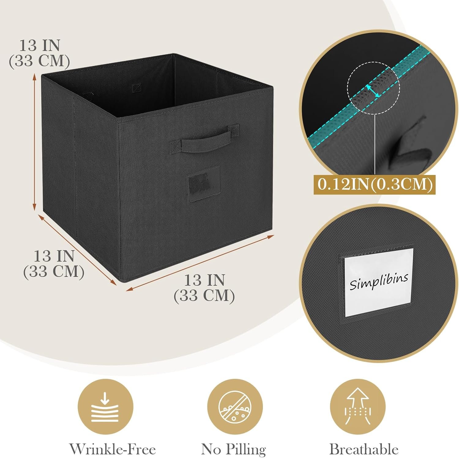 13x13x13 Storage Cubes Bins 6 Pack, Collapsible Fabric Storage Bins with Fabric Handle, Simple Cubical Storage Boxes for Cube Organizer, Shelf and Closet Storage (Black) - Image 3