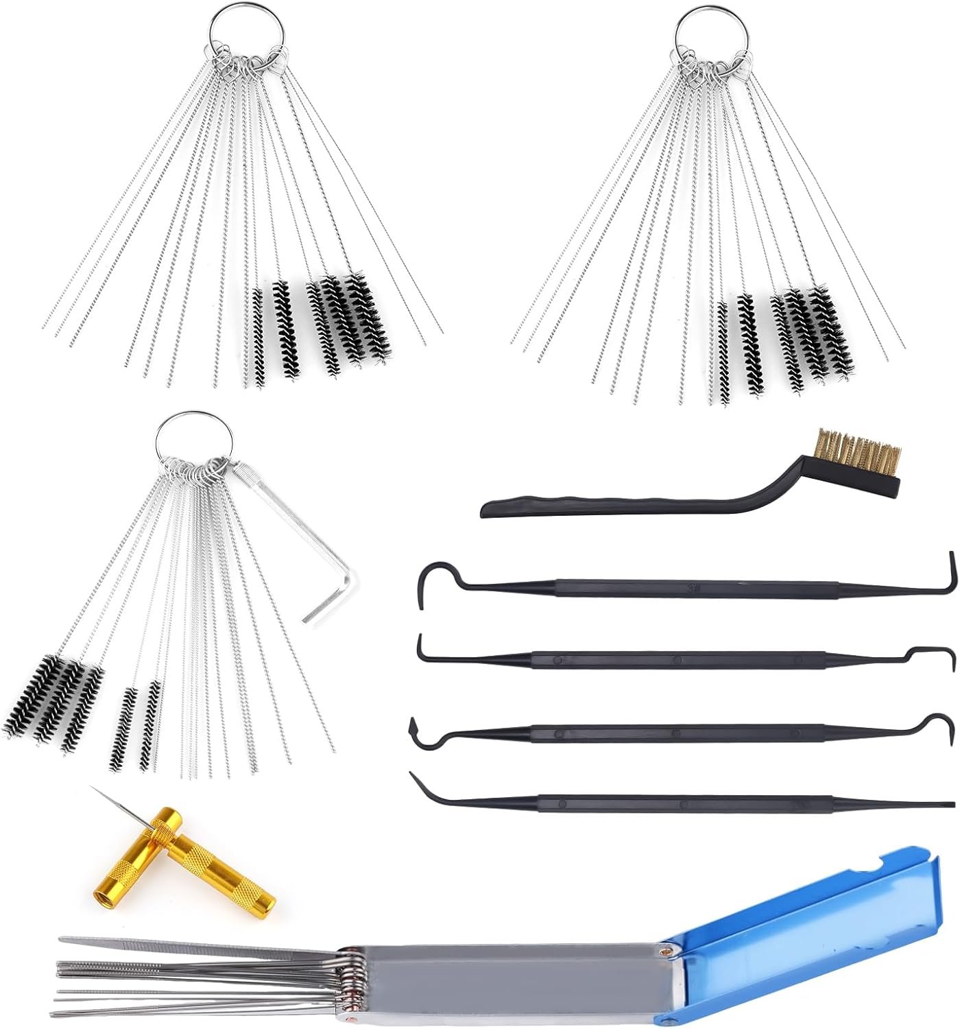 Carburetor Cleaner Tool Kit, Airbrush Torch Tip Cleaner Set Hex Wrench Pointed Pick Single-Head Brush 15 Nylon Brushes 30 Cleaning Needles 13 Cleaning Wires 4 Clean Hooks for Garburator Carb Stain - Image 2