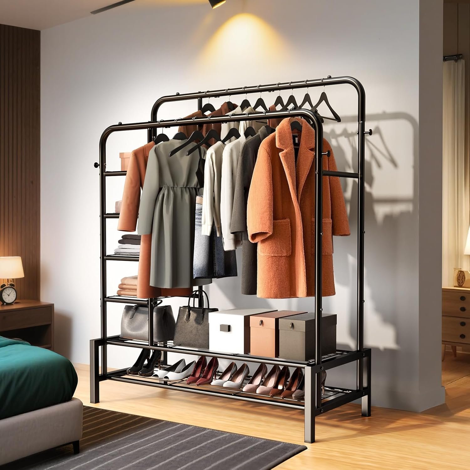 Clothes Rack, Double Rods Clothing Rack with 2 Bottom Shelves & 4 Side Shelves, Metal Garment Rack for Hanging Clothes, Heavy Duty Clothes Rack for Bedroom, Laundry, Living Room, Black - Image 4