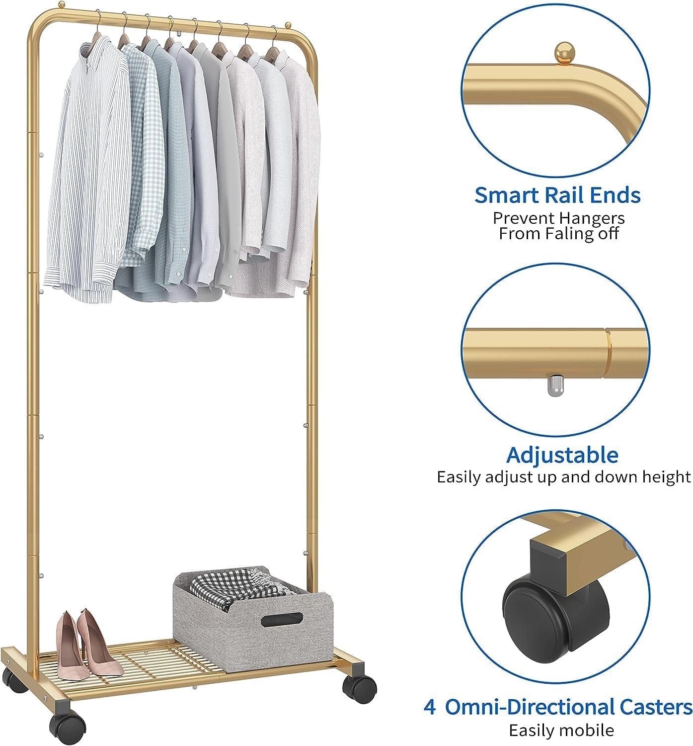 Simple Trending Standard Clothes Garment Rack, Clothing Rolling Rack with Mesh Storage Shelf on Wheels, Golden Yellow - Image 6