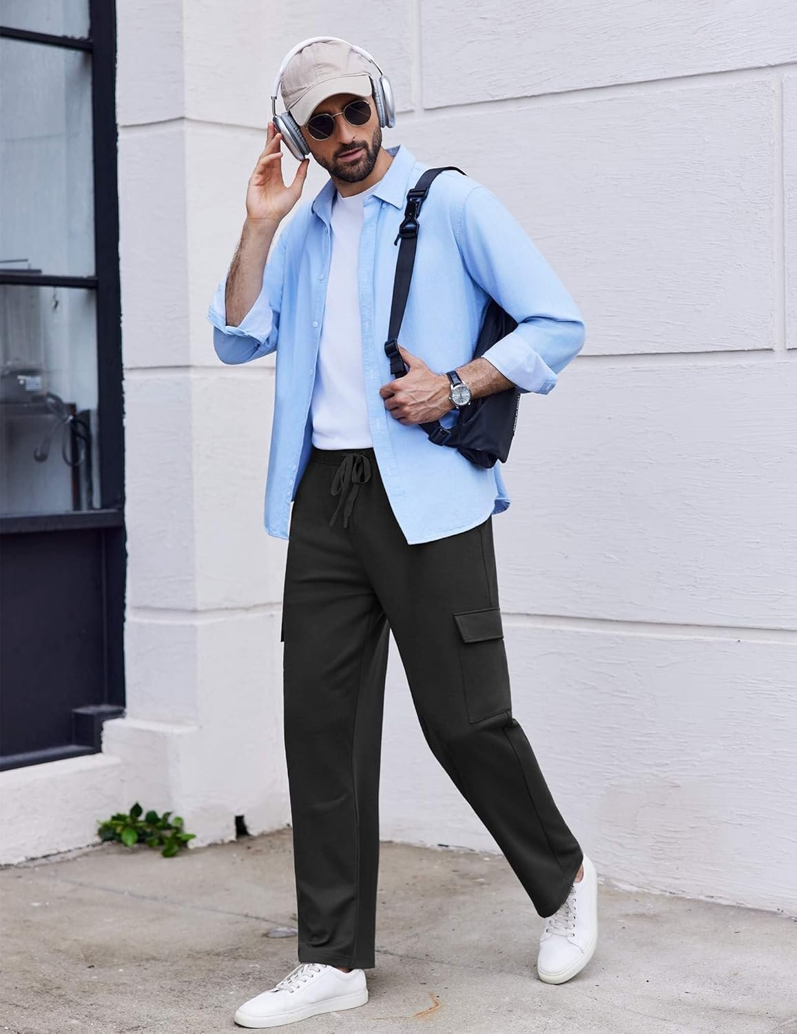 PINSPARK Men's Cargo Sweatpants with Pockets Open Bottom Baggy Cotton Jogger Sweatpants Uncuffed Lounge Pants Straight Leg - Image 6