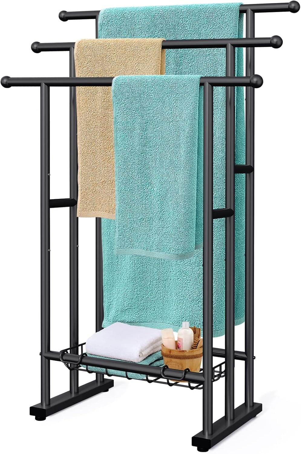 Kayfia 40" H Free Standing Towel Rack, 3 Tier Alloy Steel Stand with Basket, Blanket Drying and Display Rack for Oversized Bath Towels Bathroom Accessories, Next to Tub or Shower - Image 2