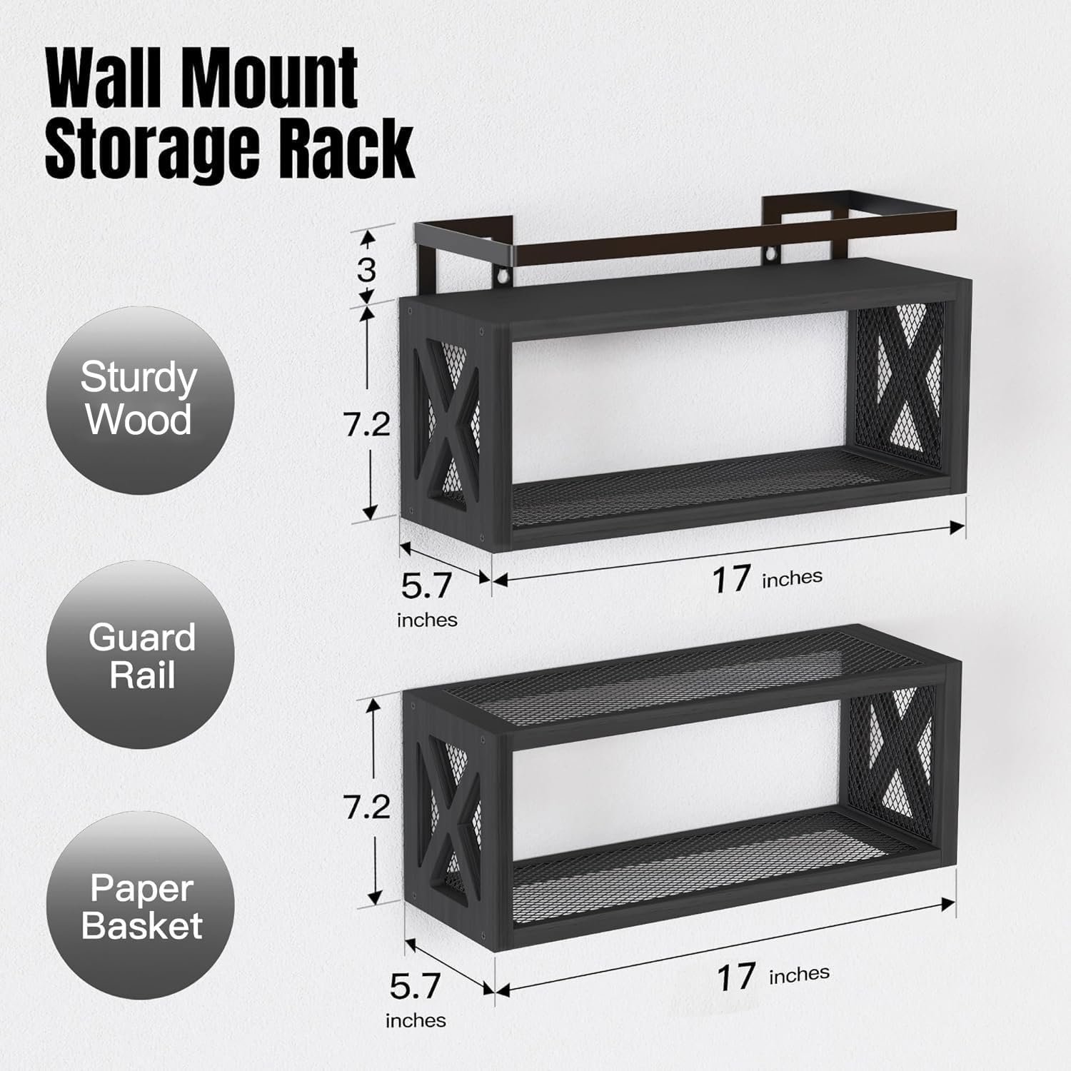 RICHER HOUSE Floating Shelves with Guardrail, Rustic Wood for Wall Décor, Farmhouse Bathroom Accessories Mounted, Organizer over Toilet Storage, Kitchen, Living Room - Black, R-0A340430102 - Image 3