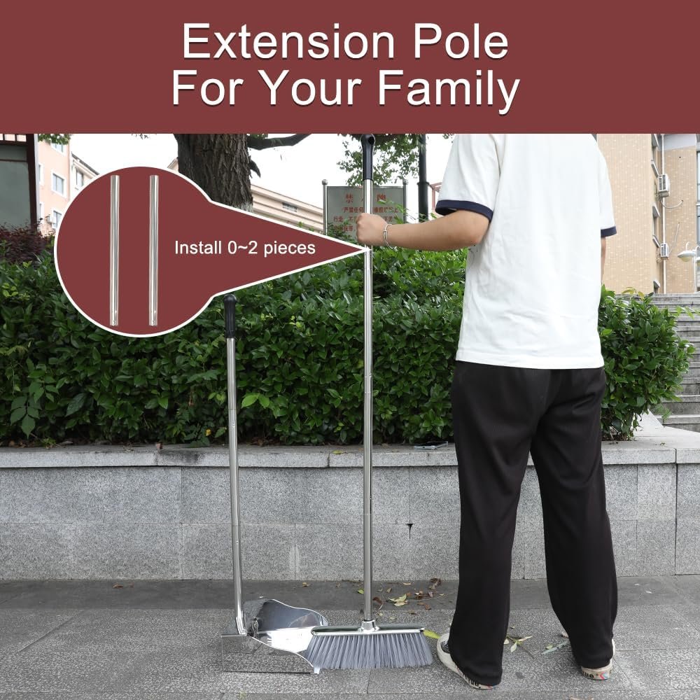 Metal Dustpan with Broom Set, Long Handle Stainless Steel Dustpan,Heavy Duty Standing Dust Pan with Teeth, Indoor Outdoor Up for Home Kitchen Lobby Room Office - Image 7