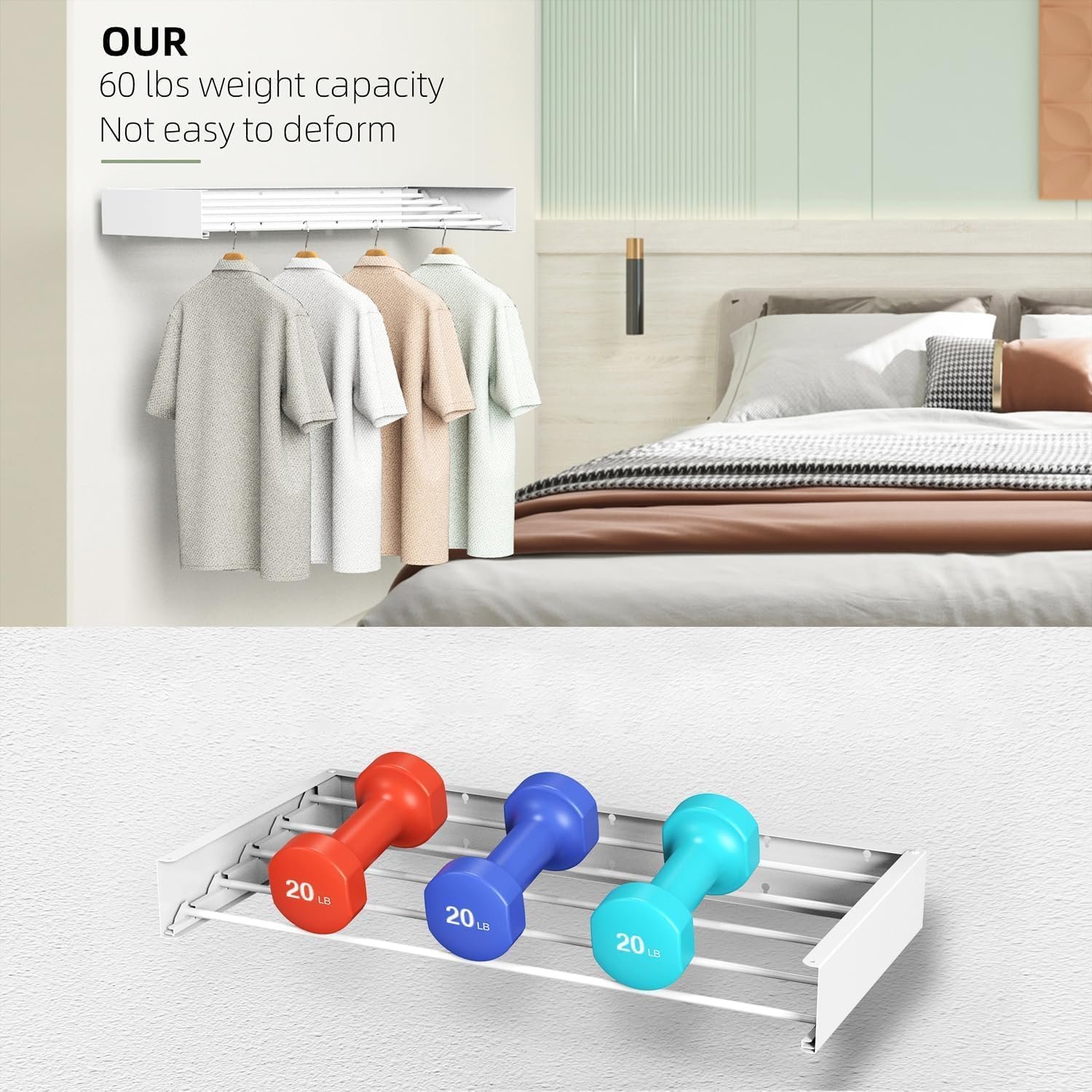 Laundry Drying Rack, Collapsible Wall Mounted Clothes Drying Rack - Drying Rack Clothing Foldable,Space Saving, 31.5" Wide, 13.2 Linear Ft, 5 Aluminum Rods, 60 lb Capacity (White, 23.6") - Image 8