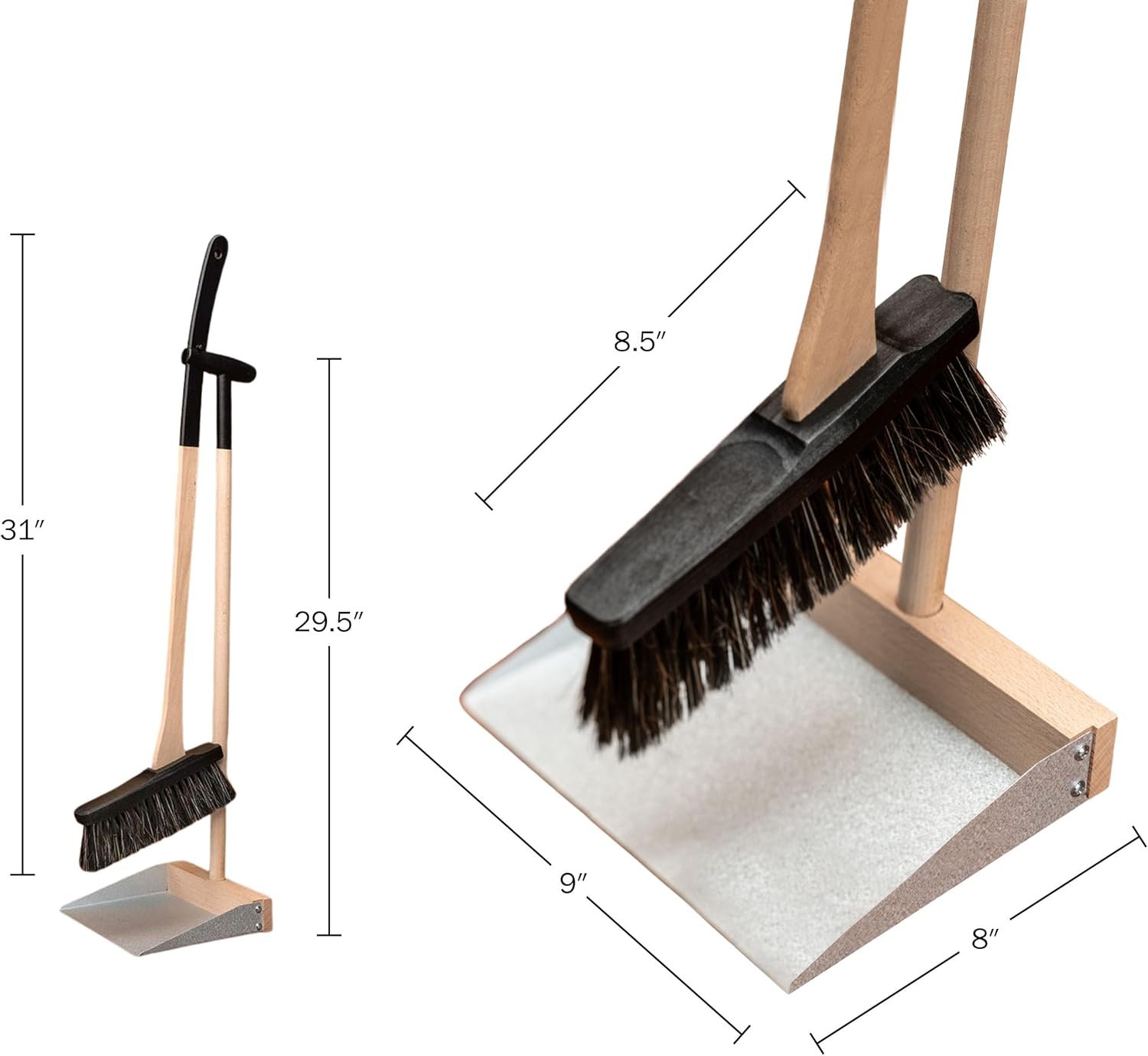 Kings County Tools Broom and Dustpan Combo Set - 31” Natural Horsehair Broom and Stainless Steel Standing Dustpan with Beechwood Handles - Dust Pan and Brush Set for Home, Kitchen, or Outdoor Use - Image 8
