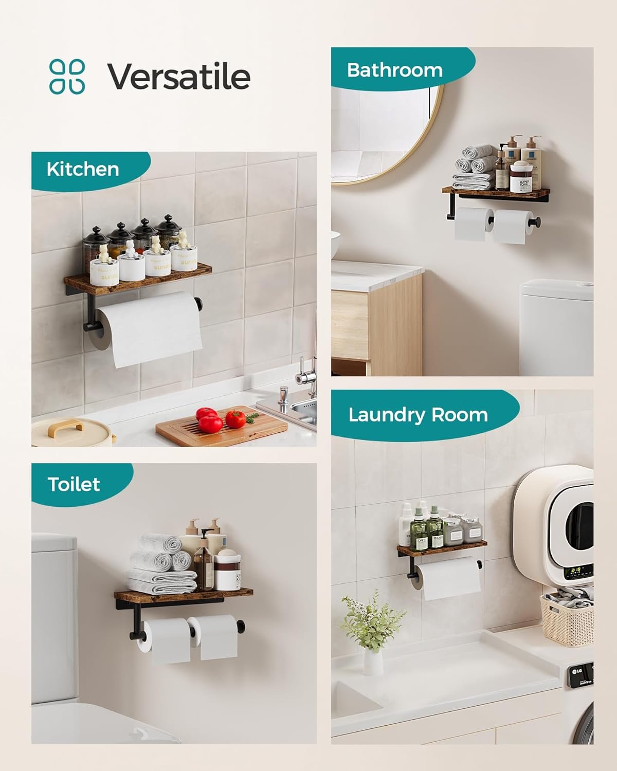 Paper Towel Holder Wall Mount with Shelf - Wooden Hanging Paper Towel Holder for Bathroom, Wall Mounted Hand Towel Holder, Paper Towel Rack for Bathroom, Kitchen, Laundry Room, Rustic Brown - Image 8