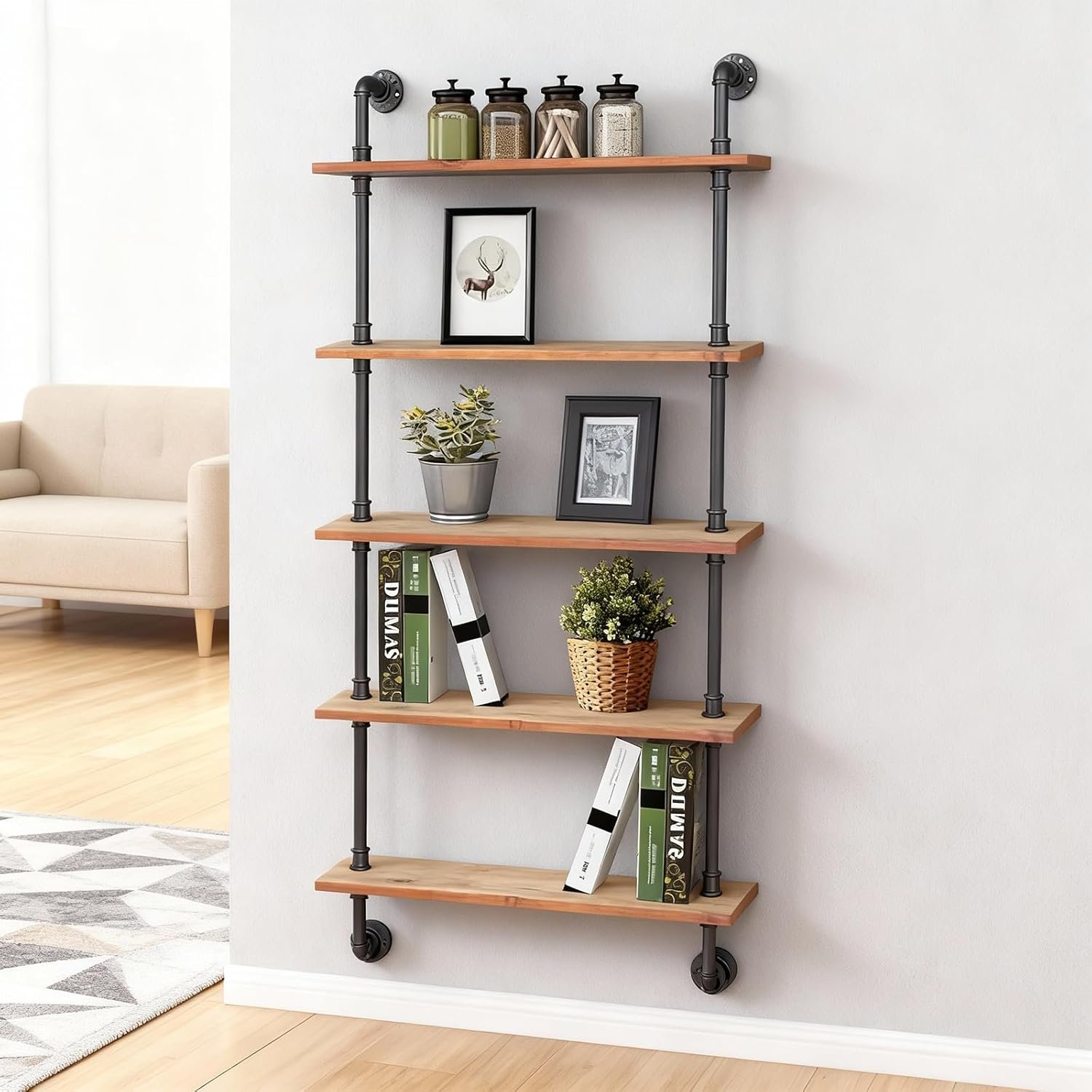 Industrial Pipe Shelving, 24inch Pipe Shelves with Wood Planks, 5 Tier Floating Shelves Wall Mounted Steampunk Real Wood Book Shelves, Retro Rustic Industrial Shelf for Bar Kitchen Living Room - Image 2
