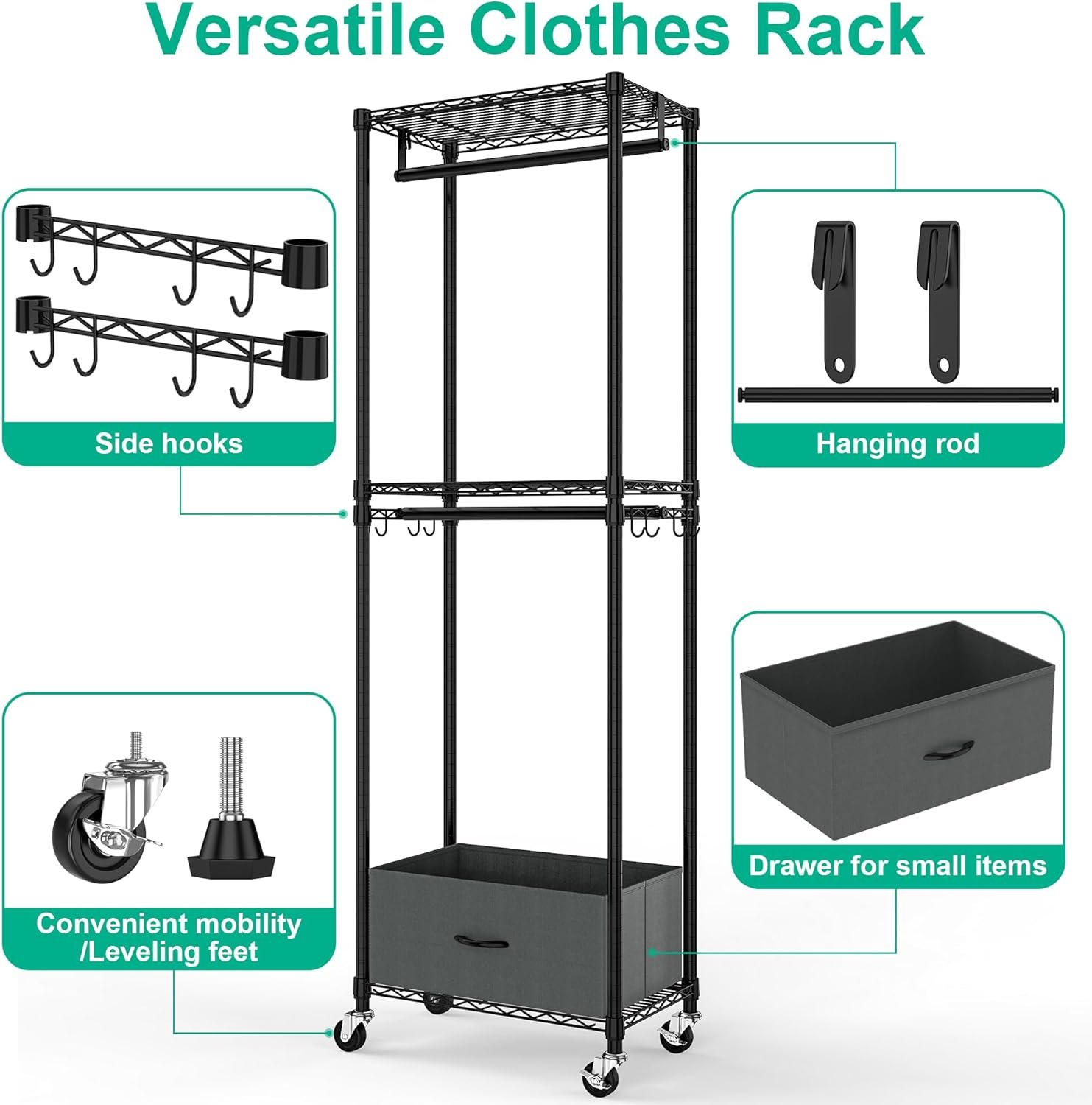 Rolling Clothes Rack, 3 Tier Garment Rack for Hanging Clothes, Metal Wire Wardrobe with Drawer Rods Portable Closet Organizer Freestanding Clothing Shelf with Wheels, Black - Image 7