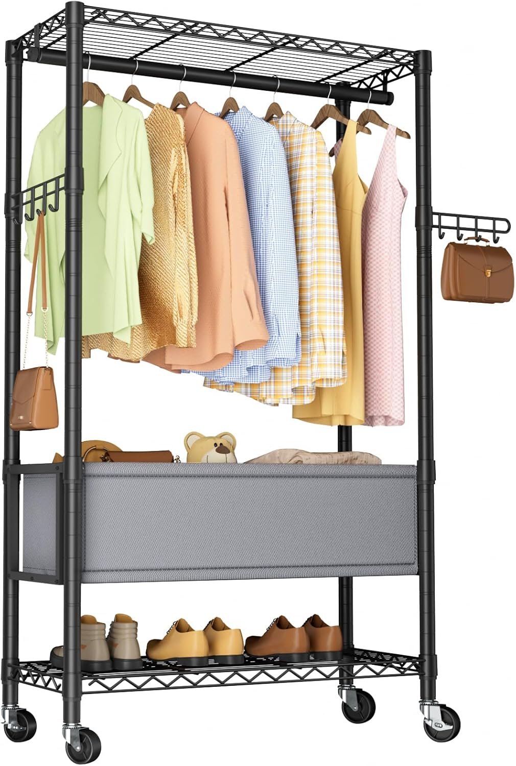 Clothes Rack,Heavy Duty Garment Rack 3 Tier Adjustable With Removable Clothe Basket,Wheels Free Standing Rolling Wire Shelving Clothing Racks for Hanging Clothes Metal Portable Closet - Image 10