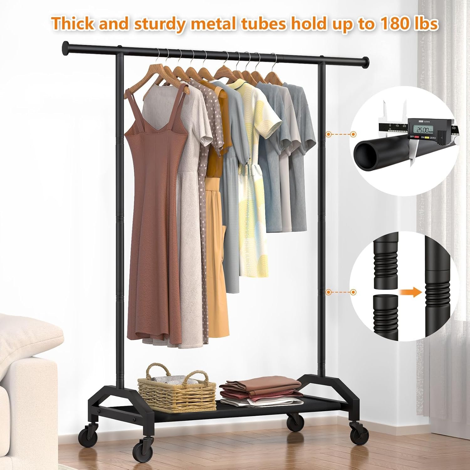 Clothes Rack Clothing Racks for Hanging Rolling Heavy Duty Coat Rack Drying Rack Clothing 200lbs Capacity 3" Industrial Wheels, 1" Pipe,Rolling Garment Rack Black - Image 5