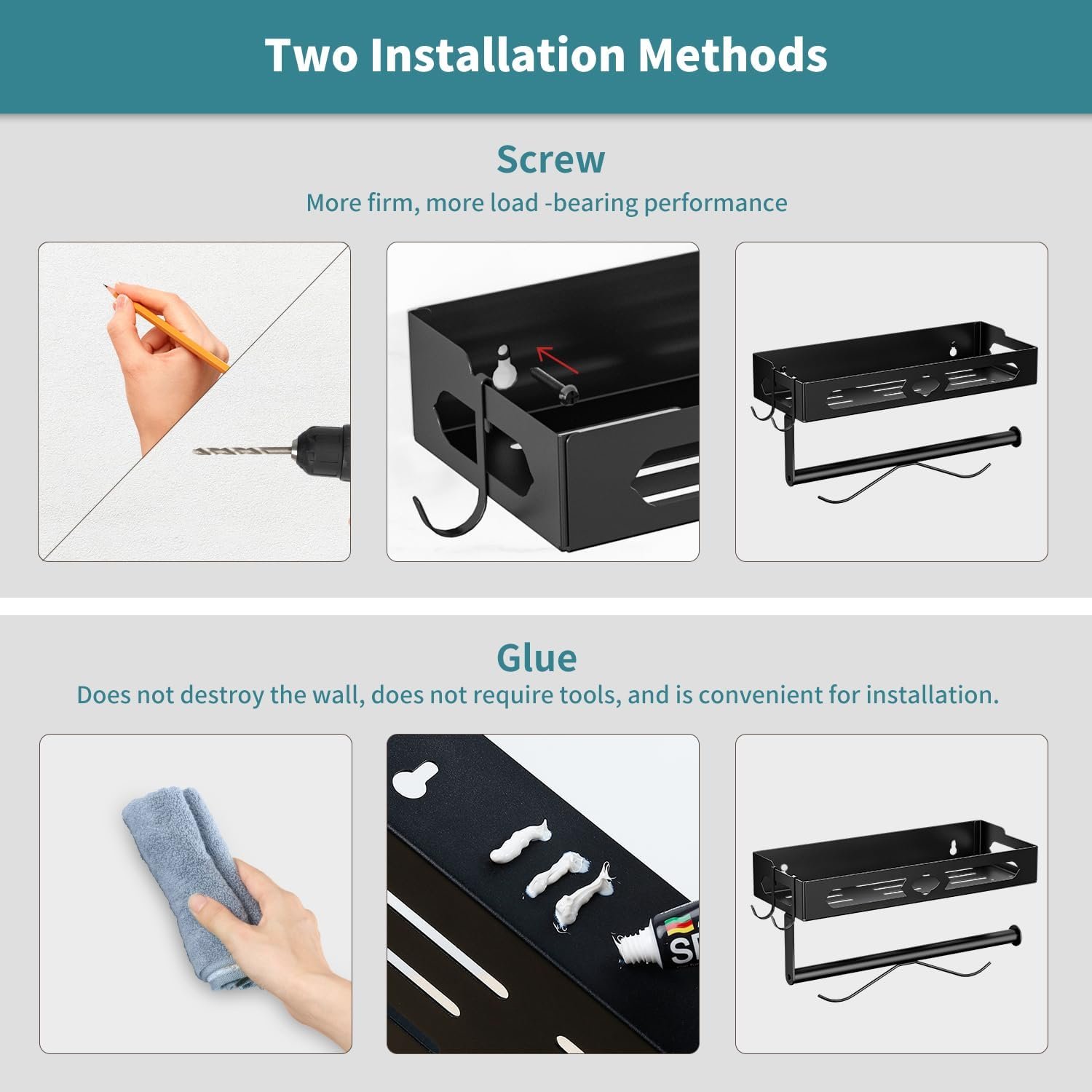 Paper Towel Holder with Shelf for Bathroom, Kitchen Paper Holder Spice Rack Paper Towel Roll Holder Wall Mounted Paper Towel Holder with 2 Hooks(2 Installation Methods - Self-Adhesive and Drilling) - Image 8