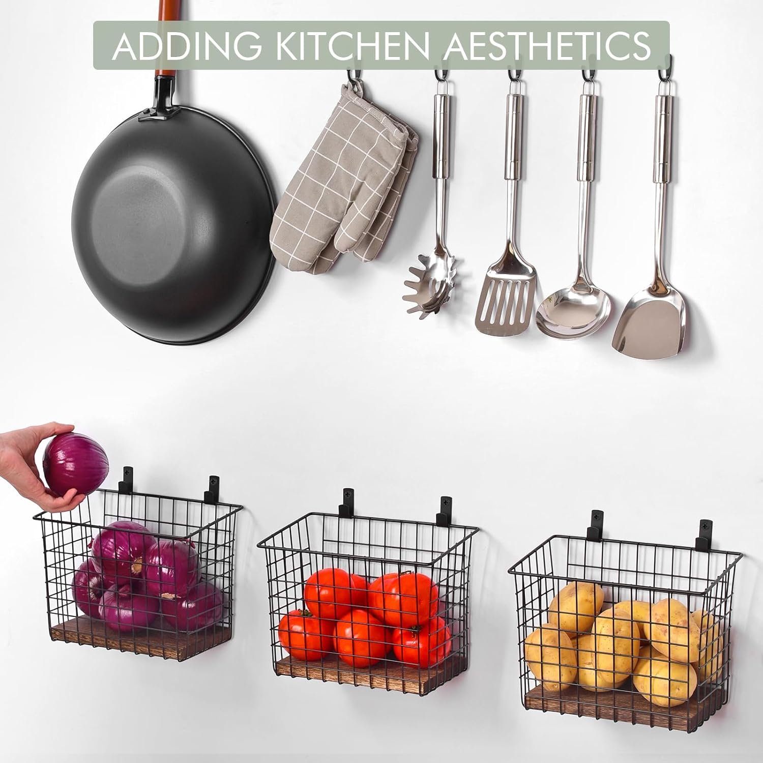 Wall Hanging Baskets 3 Pack, Diversified Wire Basket Shelves of Wooden Style, with Wall Mounted Hooks & Traceless Stickers, for Kitchen Coffee Bar Office Room Garage Storage Organization (Large) - Image 8