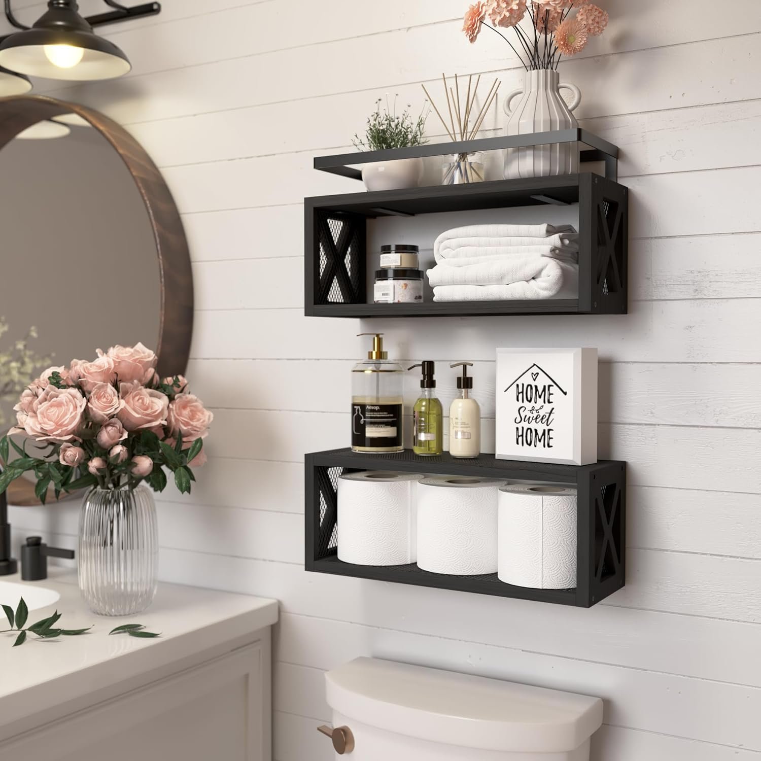 RICHER HOUSE Floating Shelves with Guardrail, Rustic Wood for Wall Décor, Farmhouse Bathroom Accessories Mounted, Organizer over Toilet Storage, Kitchen, Living Room - Black, R-0A340430102 - Image 4