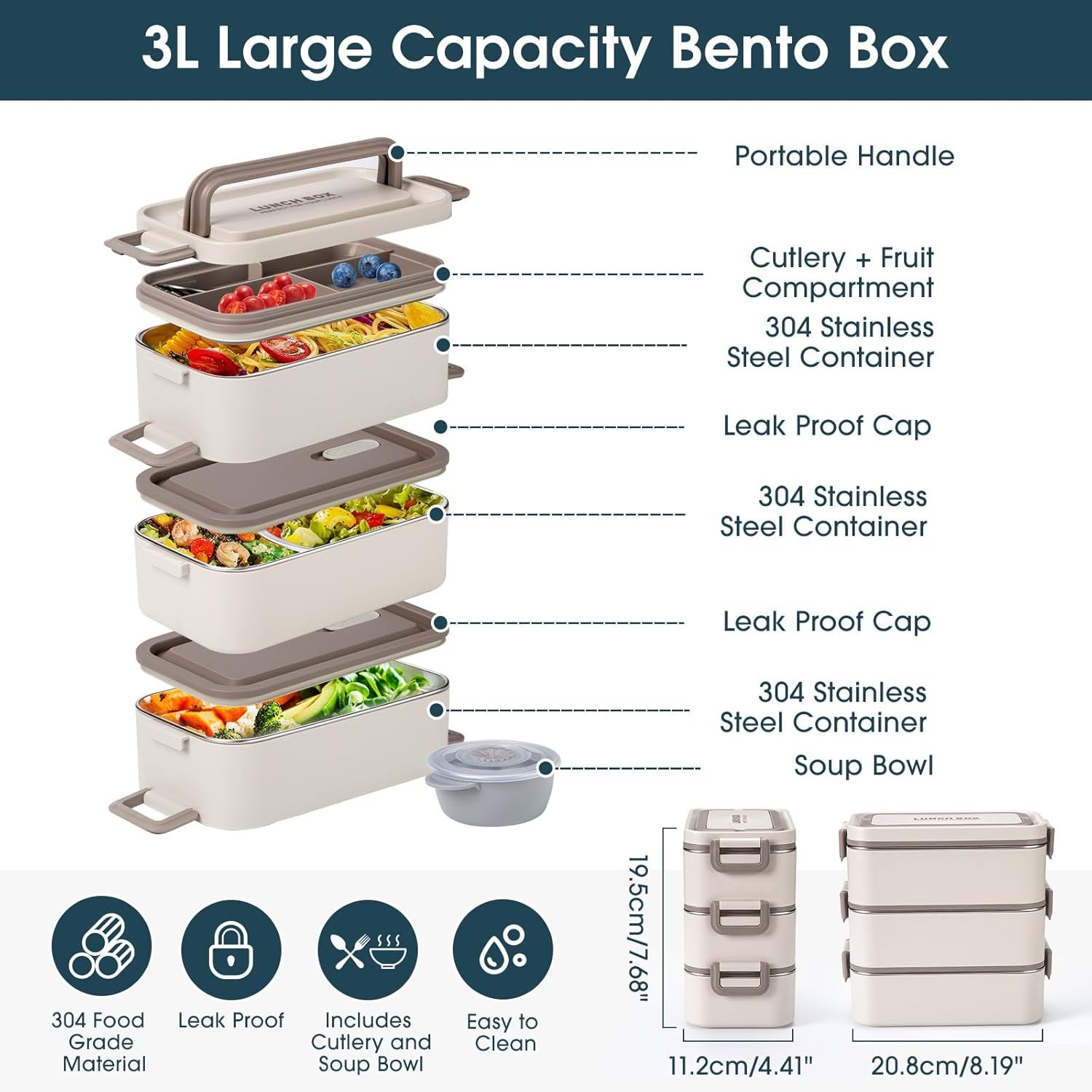 Bento Box Adult Lunch Box, Stackable 3 Layer 304 Stainless Steel Lunch box for Adults Kids Office, 3L Large Capacity Portable Lunch Box Containers with Soup Bowl Spoon and Fork - Image 3