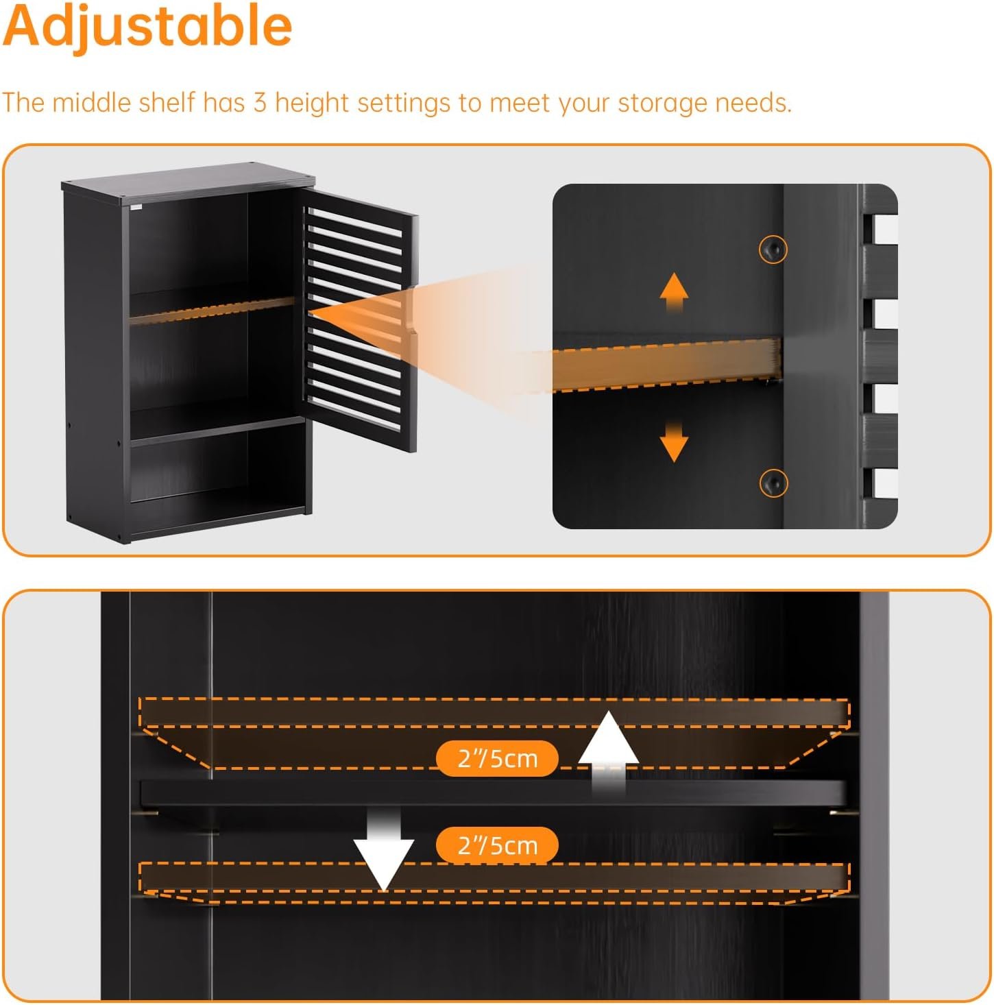 HITNET Bathroom Storage Cabinet Wall Mounted, Hanging Medicine Cabinet with Adjustable Shelf, Over The Toilet Space Saver Organizer, Black Bamboo Kitchen Cupboard, Single Door - Image 6