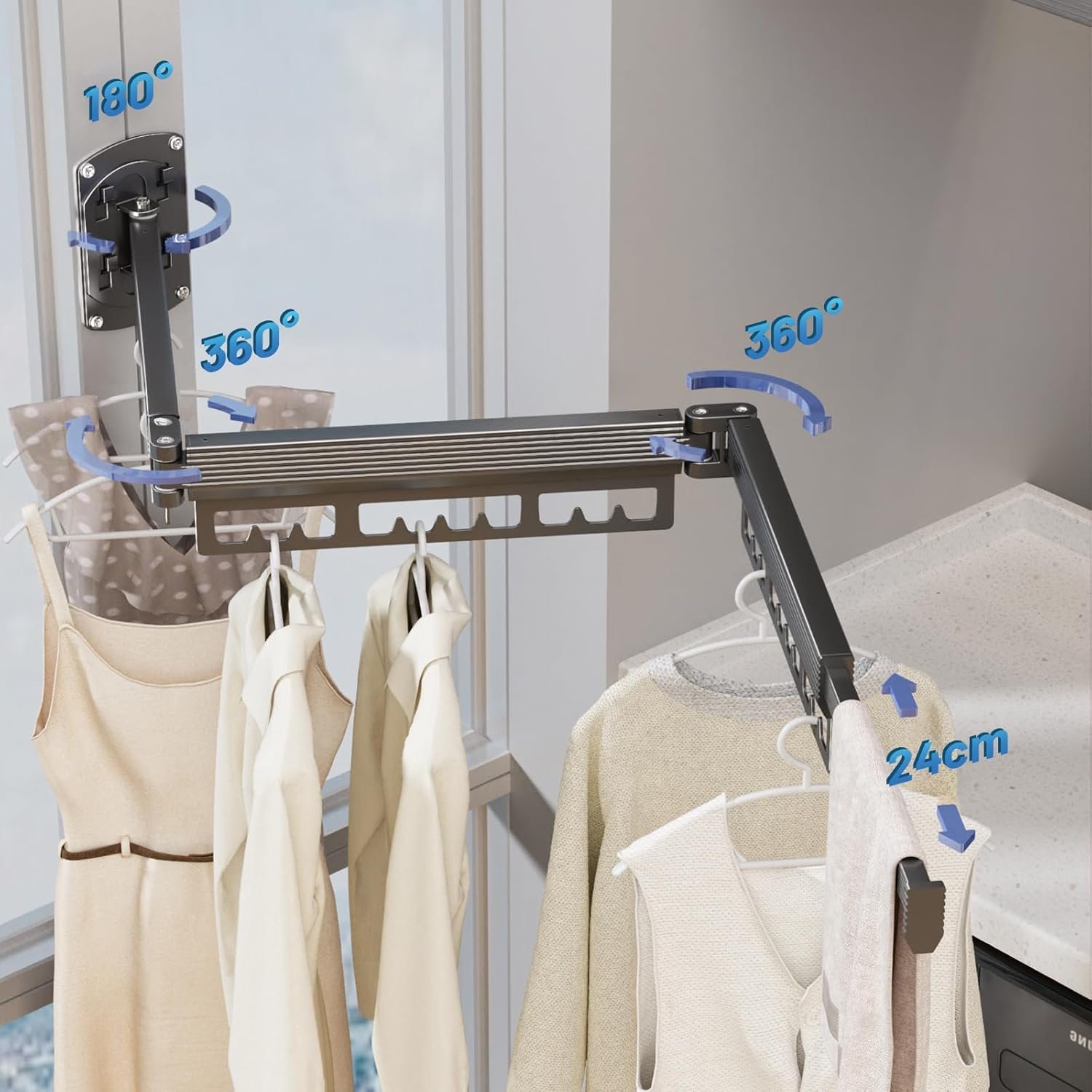 Clothes Drying Rack Wall Mounted,Expandable Drying Rack Clothing(Tri-Fold),Laundry Space Saver Wall Mounted,Portable,Space-Saving Drying Rack,for Balcony,Laundry,Bathroom, 220 lb Capacity - Image 7