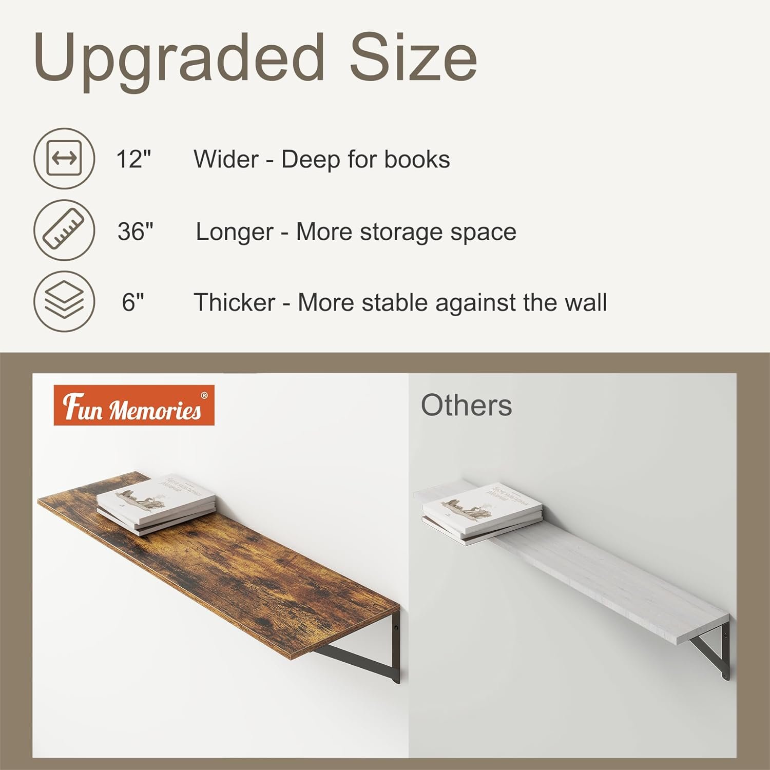 36"W x 12"D Floating Shelves, Deep Floating Shelves with Brackets, 12 Inch Deep Wall Shelves for Books, Wide Display Storage Shelves for Bathroom, Living Room, 36 Inch Long, Rustic Brown, Set of 2 - Image 5