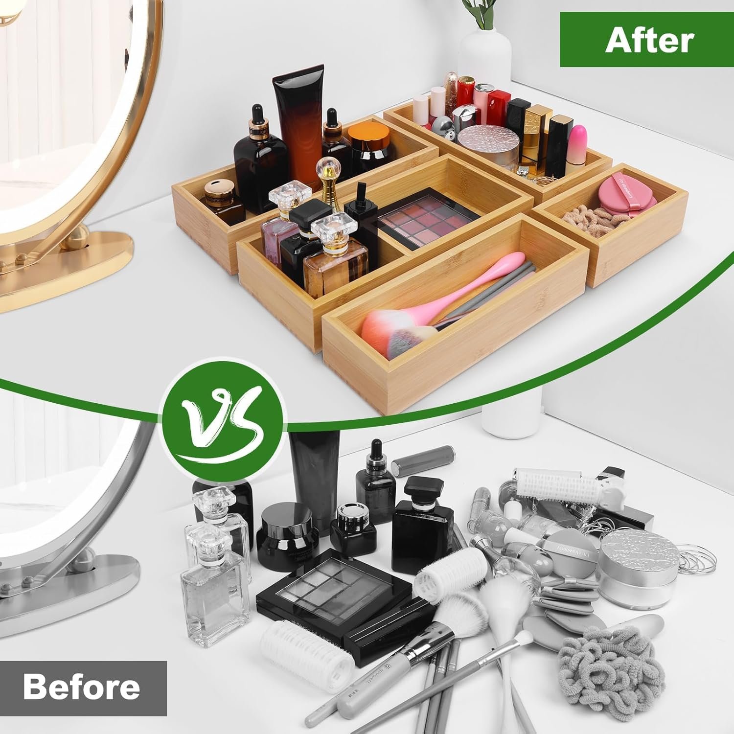 Bamboo Drawer Organizer Set, 5 PCS Multi-Use Individual Wood Storage Organizers, Junk Drawer Divider and Storage Trays Containers for Kitchen, Bathroom, Office Desk, Makeup, Jewelry, Utensils - Image 5