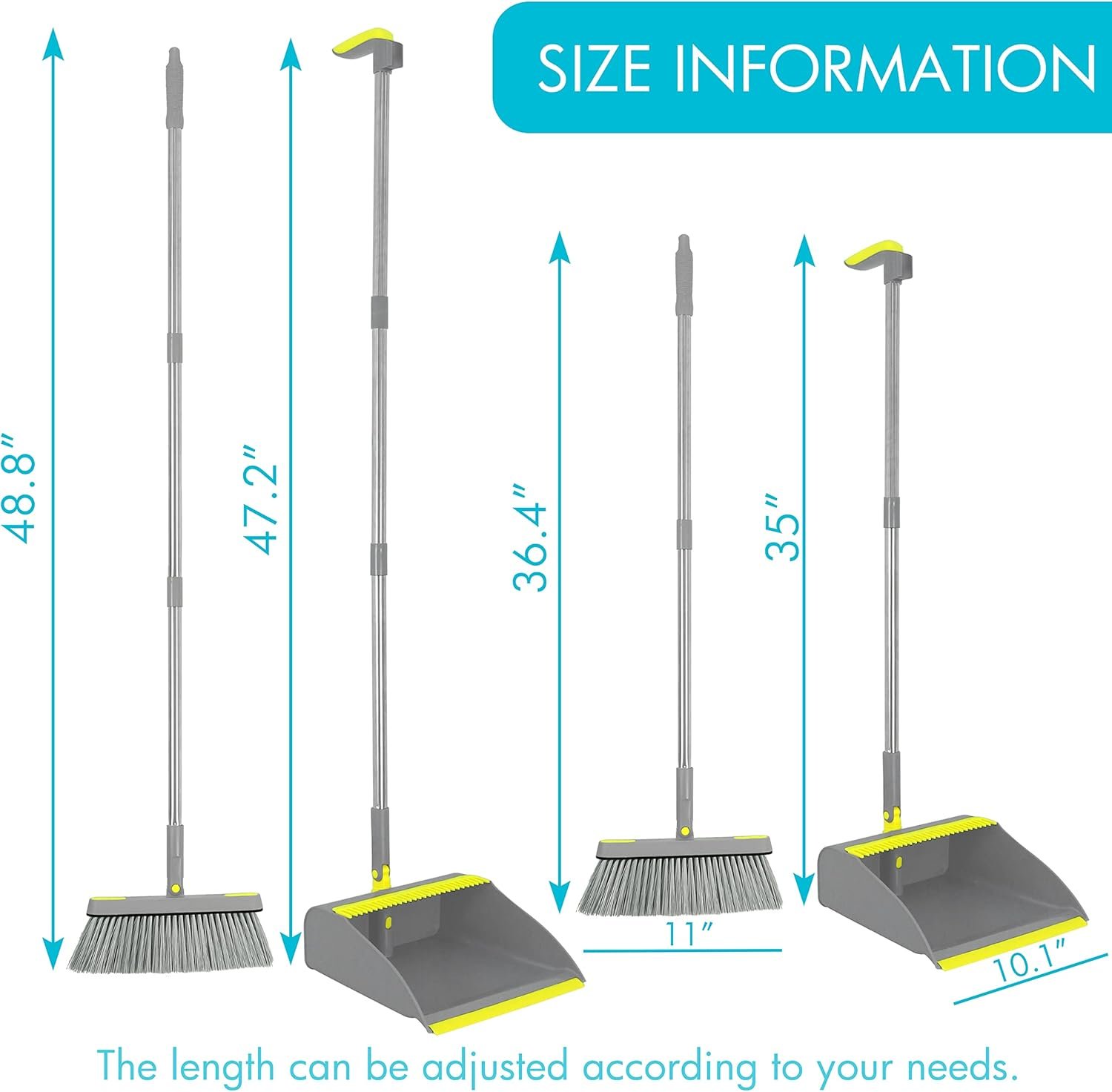PHYEX 2-Pack Broom and Dustpan Combo Set, 48" Long Adjustable Handle Stand Up Dustpan with Self-Cleaning Teeth, Ideal for Home, Office, Kitchen, Indoor & Outdoor Use, Grey - Image 3