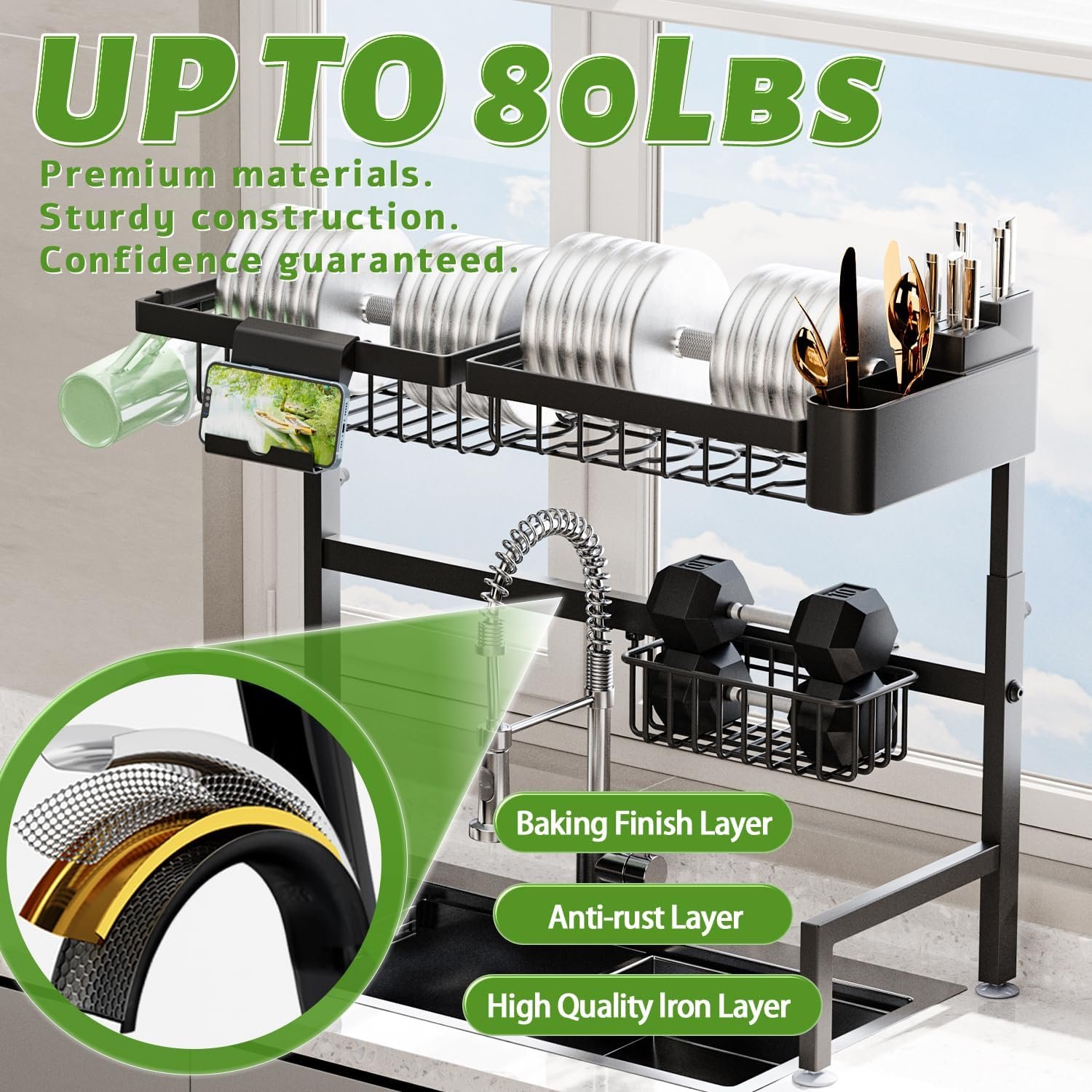 Over The Sink Dish Drying Rack (Expandable Height and Length) Snap-On Design 2 Tier Large Dish Rack (23" - 34" L x 11" W x 19" - 21.5" H) - Image 7