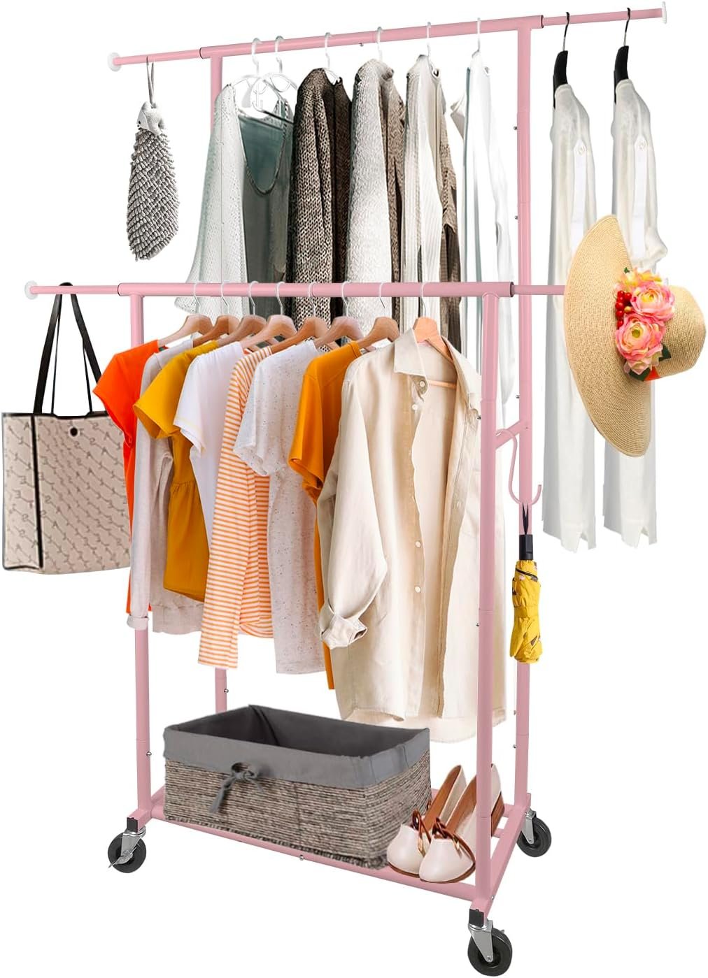 Portable Pink Double Rods Garment Rack with Rolling Clothes Organizer on Lockable Wheels Mobile for Gilr Women, 48" W x 15" D x 67" H, Metal Simple Hanging Clothes with 2 Hook - Image 6