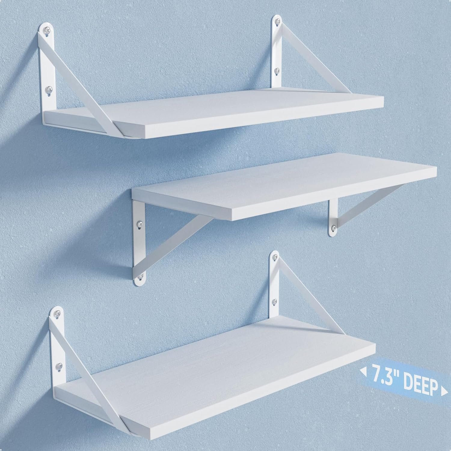 Wall Shelves 7.3" Deep Set of 3, Solid Paulownia Wood Wider Longer Sturdy Easy to Install Wall Mounted Bookshelves Storage Shelves Bathroom Storage Office Laundry Room Bedroom Organizer White - Image 2