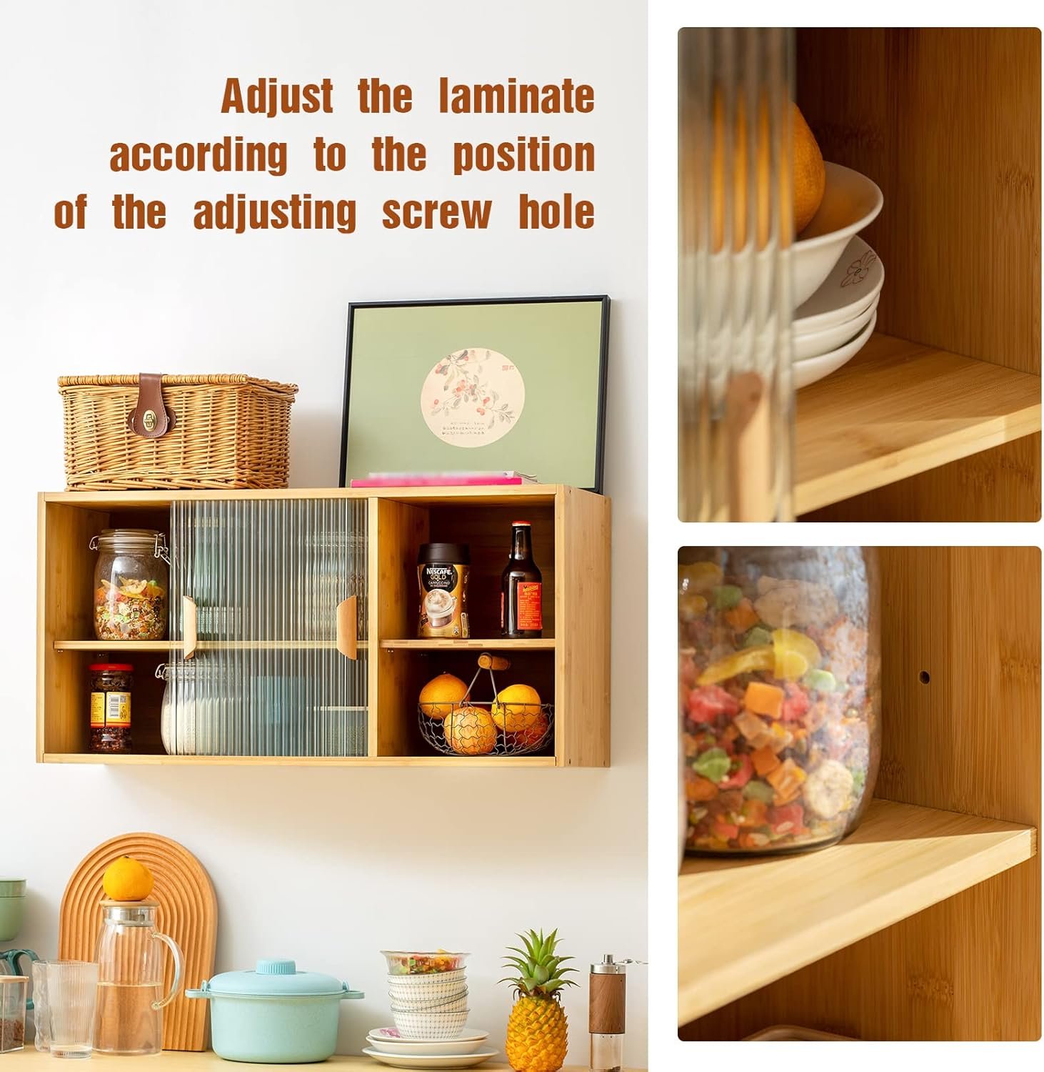 HollyHOME Bamboo Wall Mounted Kitchen Pantry Sideboard with 2 Doors and Adjustable Shelves, Freestanding Wall Storage Cabinet with Shelf for Bottle, Dish, Bowl, Console Dining Cupboard, Burlywood - Image 5