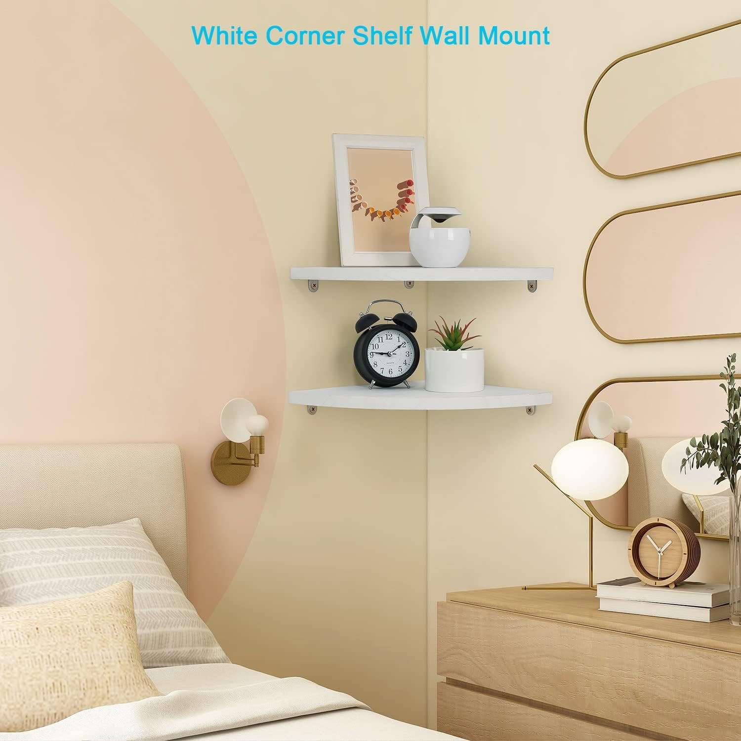 10 inch Corner Wall Shelf Set of 2, Solid Wood Corner Floating Shelves for Wall, Round End Wall Mounted Floating Shelf for Bedroom, Living Room and Kitchen (White-10 inch) - Image 5