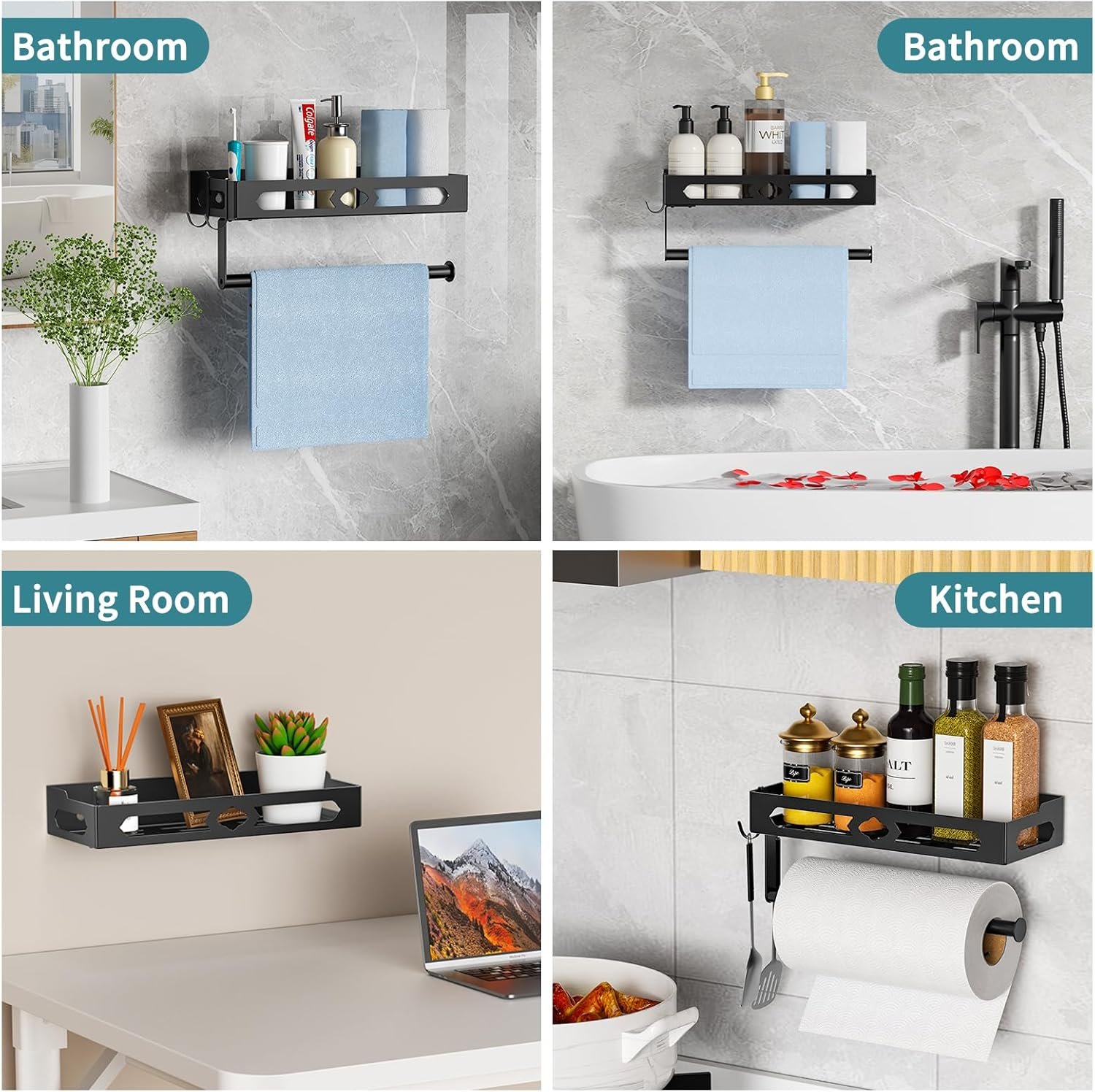 Paper Towel Holder with Shelf for Bathroom, Kitchen Paper Holder Spice Rack Paper Towel Roll Holder Wall Mounted Paper Towel Holder with 2 Hooks(2 Installation Methods - Self-Adhesive and Drilling) - Image 7