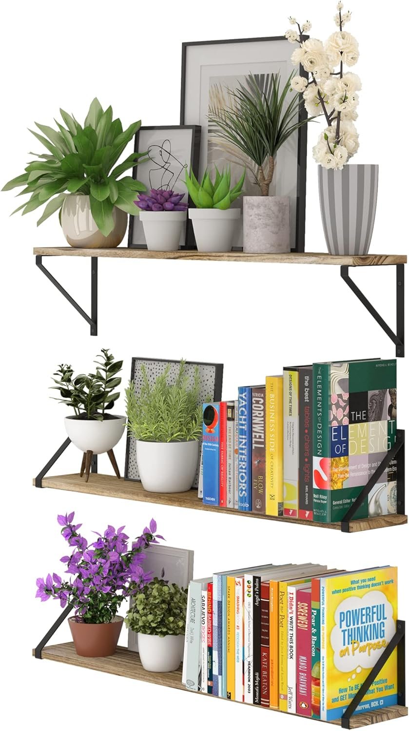 Wallniture Bora 36 Inch Large Floating Shelves for Wall Storage, Floating Bookshelf Set of 3, Burned Wood Wall Shelves for Books - Image 10