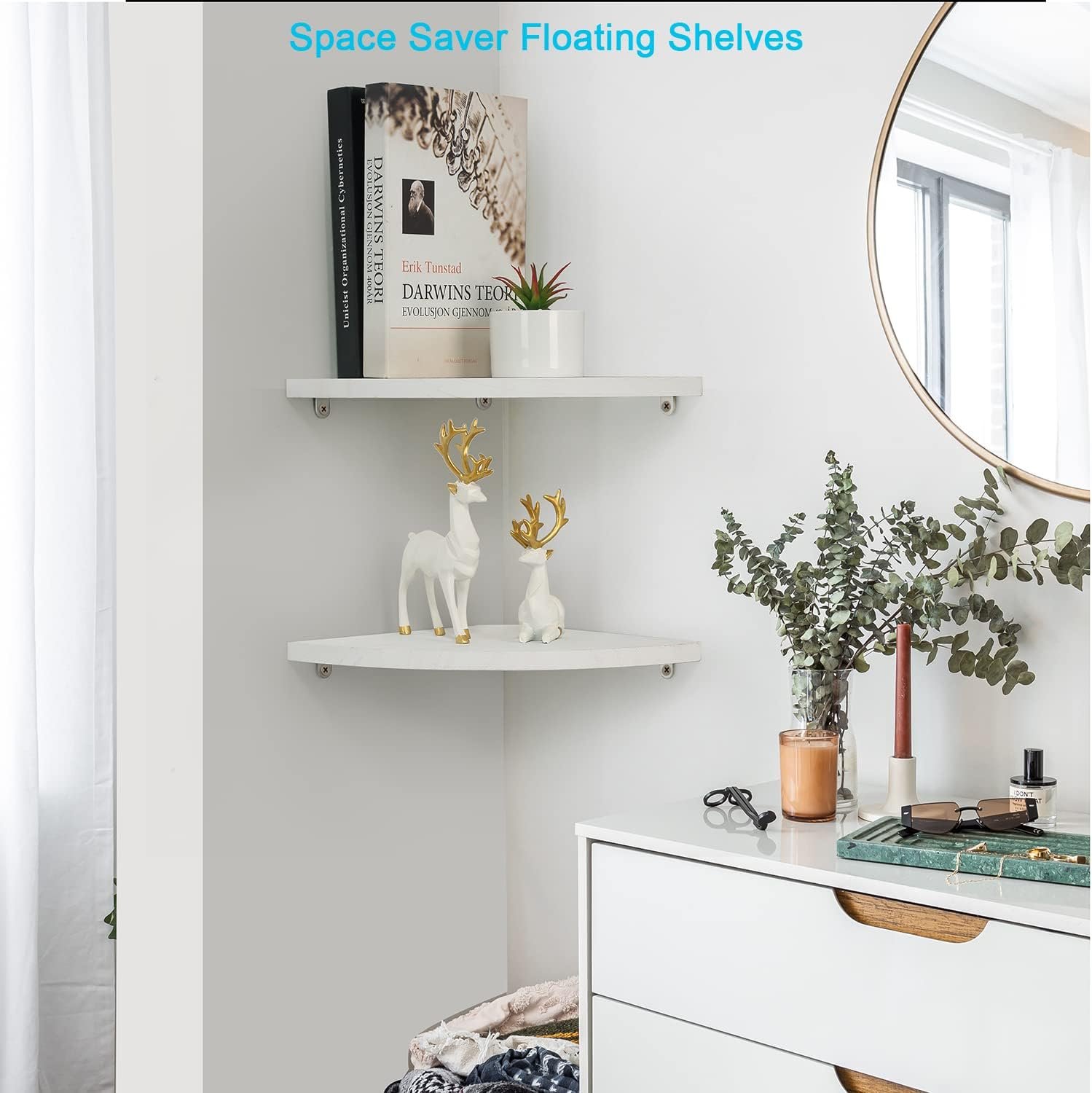 10 inch Corner Wall Shelf Set of 2, Solid Wood Corner Floating Shelves for Wall, Round End Wall Mounted Floating Shelf for Bedroom, Living Room and Kitchen (White-10 inch) - Image 6