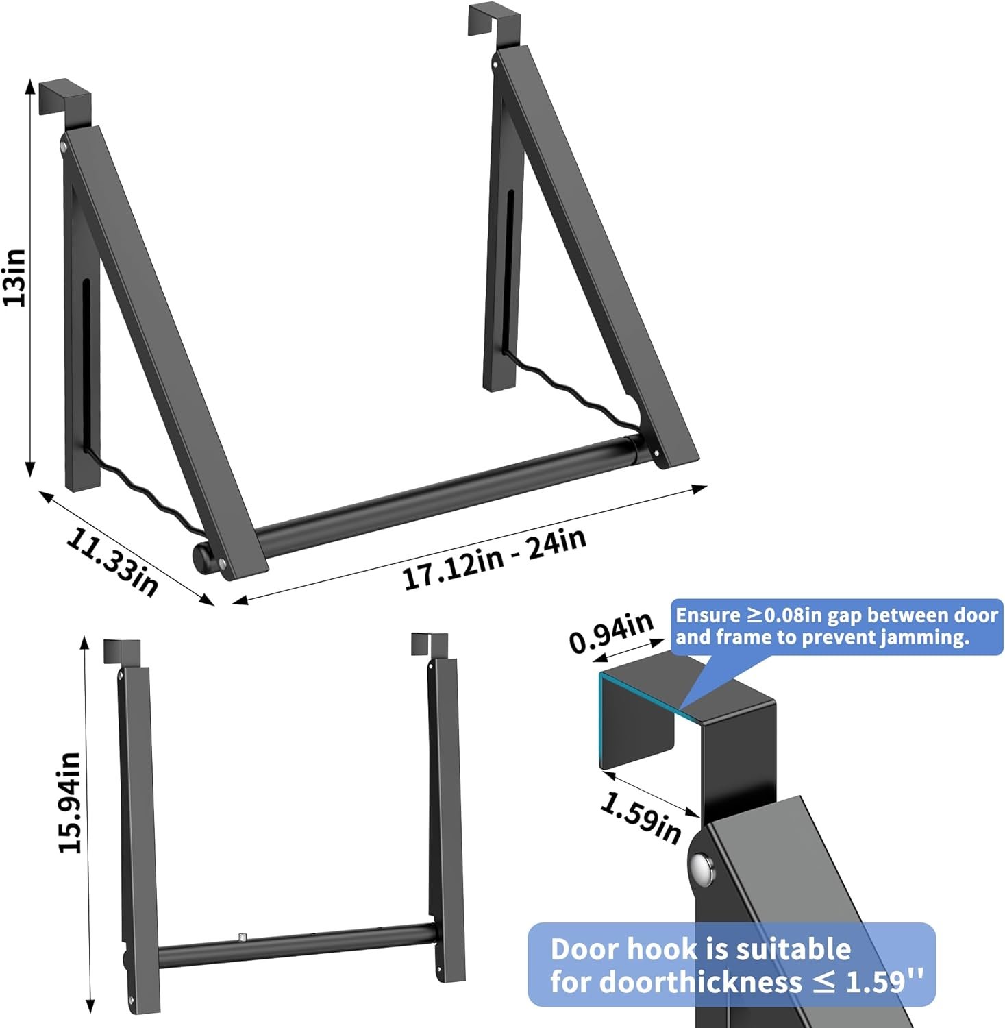 Over The Door Drying Racks for Laundry, Expandable Foldaway Clothes Rail, Suitable for Doors in Bedrooms, Dorms, and Bathrooms, 2 Racks and a Rod, Black - Image 4