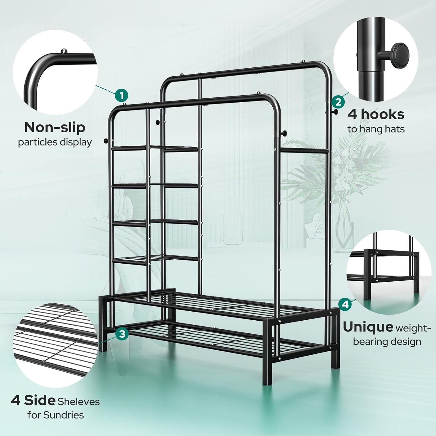 Clothes Rack, Double Rods Clothing Rack with 2 Bottom Shelves & 4 Side Shelves, Metal Garment Rack for Hanging Clothes, Heavy Duty Clothes Rack for Bedroom, Laundry, Living Room, Black - Image 5
