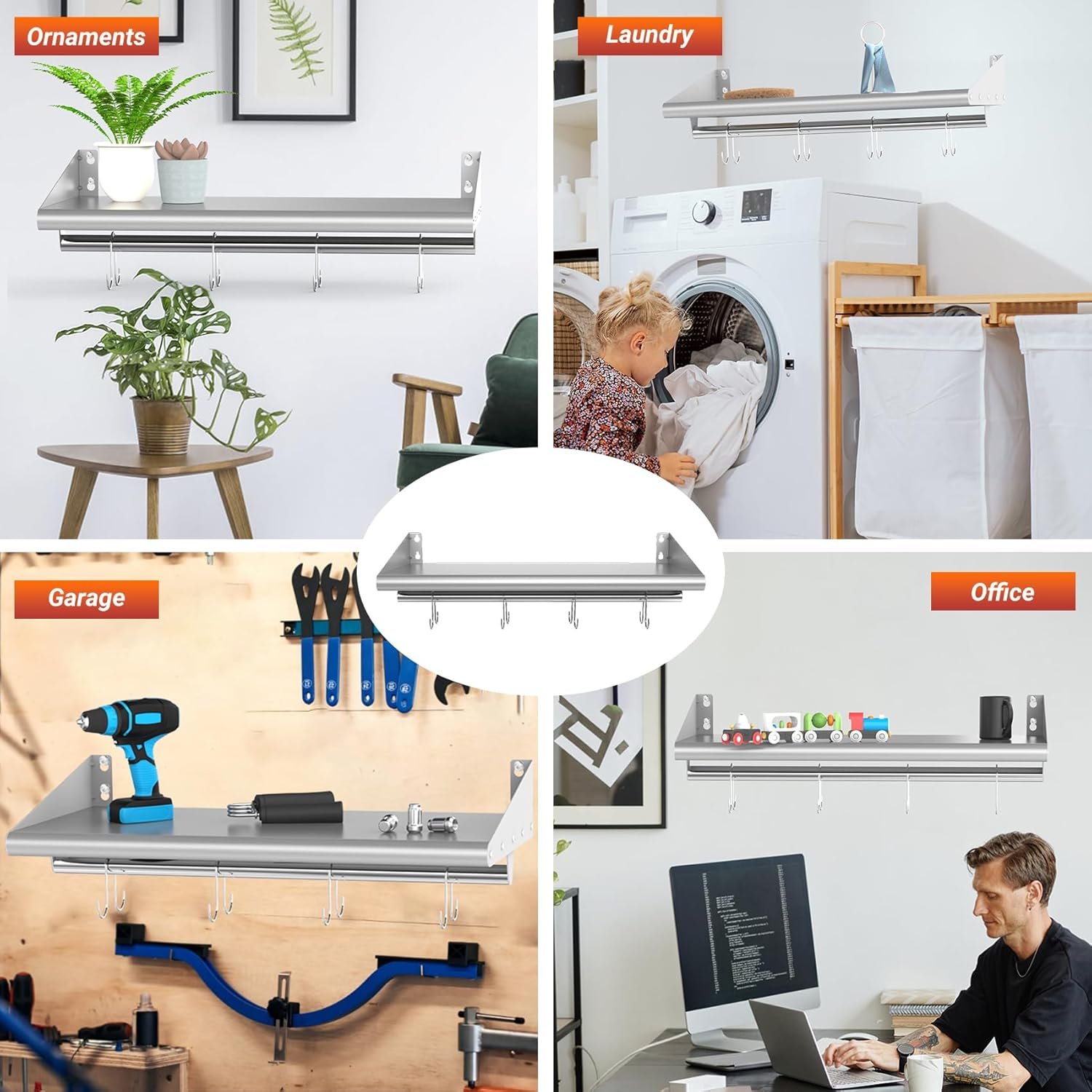 Skyflame 12" x 24" Stainless Steel Shelf with 4 Hooks, Wall Mounted Floating Shelving Storage Rack for Restaurant, Kitchen, Bathroom, Office - Image 7