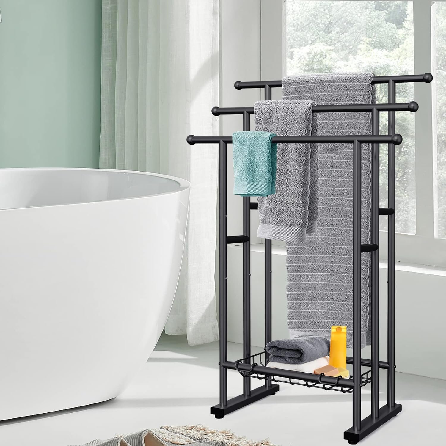 Kayfia 40" H Free Standing Towel Rack, 3 Tier Alloy Steel Stand with Basket, Blanket Drying and Display Rack for Oversized Bath Towels Bathroom Accessories, Next to Tub or Shower - Image 4