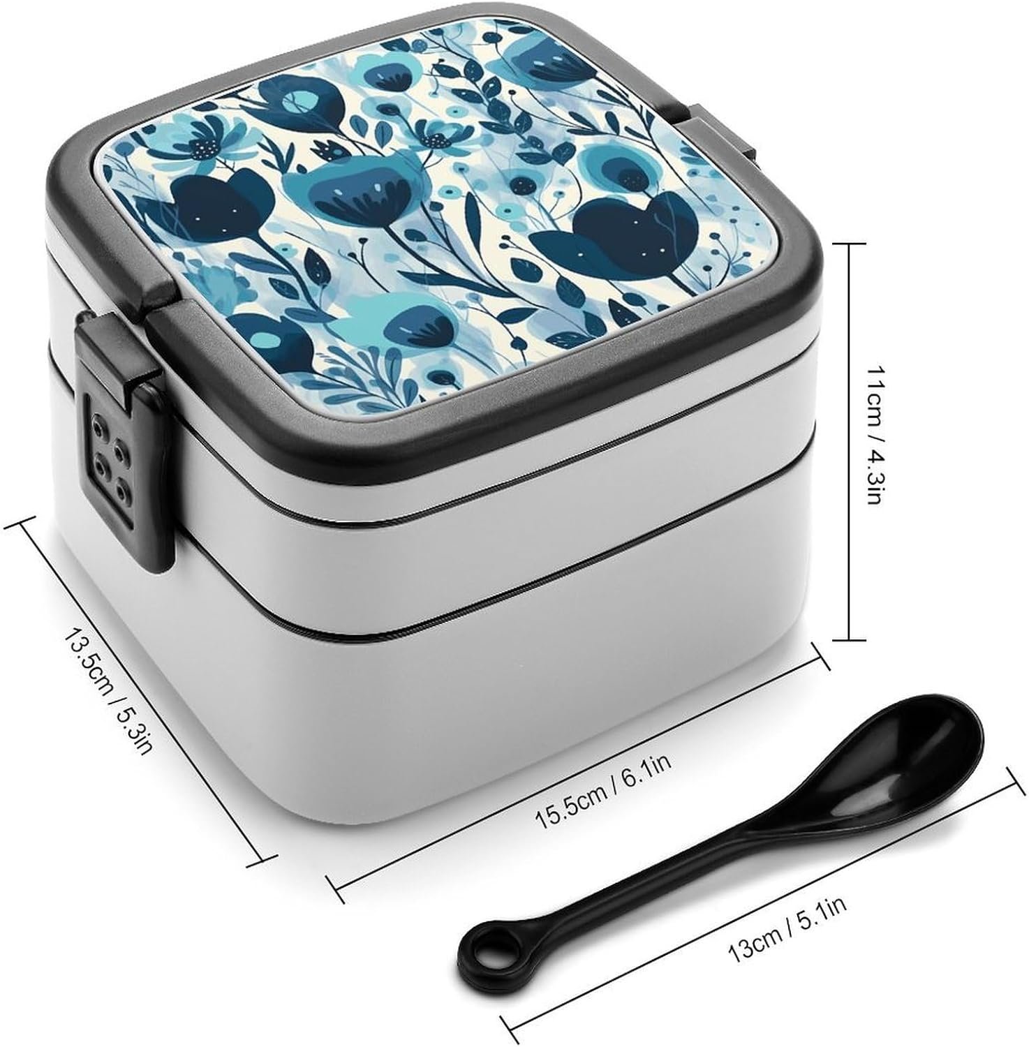 Simple Flowers Bento Box with Spoon, 2-layer Stackable Lunch Box Leak Proof with Invisible Handle, Insulated Food Storage for Office, Picnic & Travel - Image 3