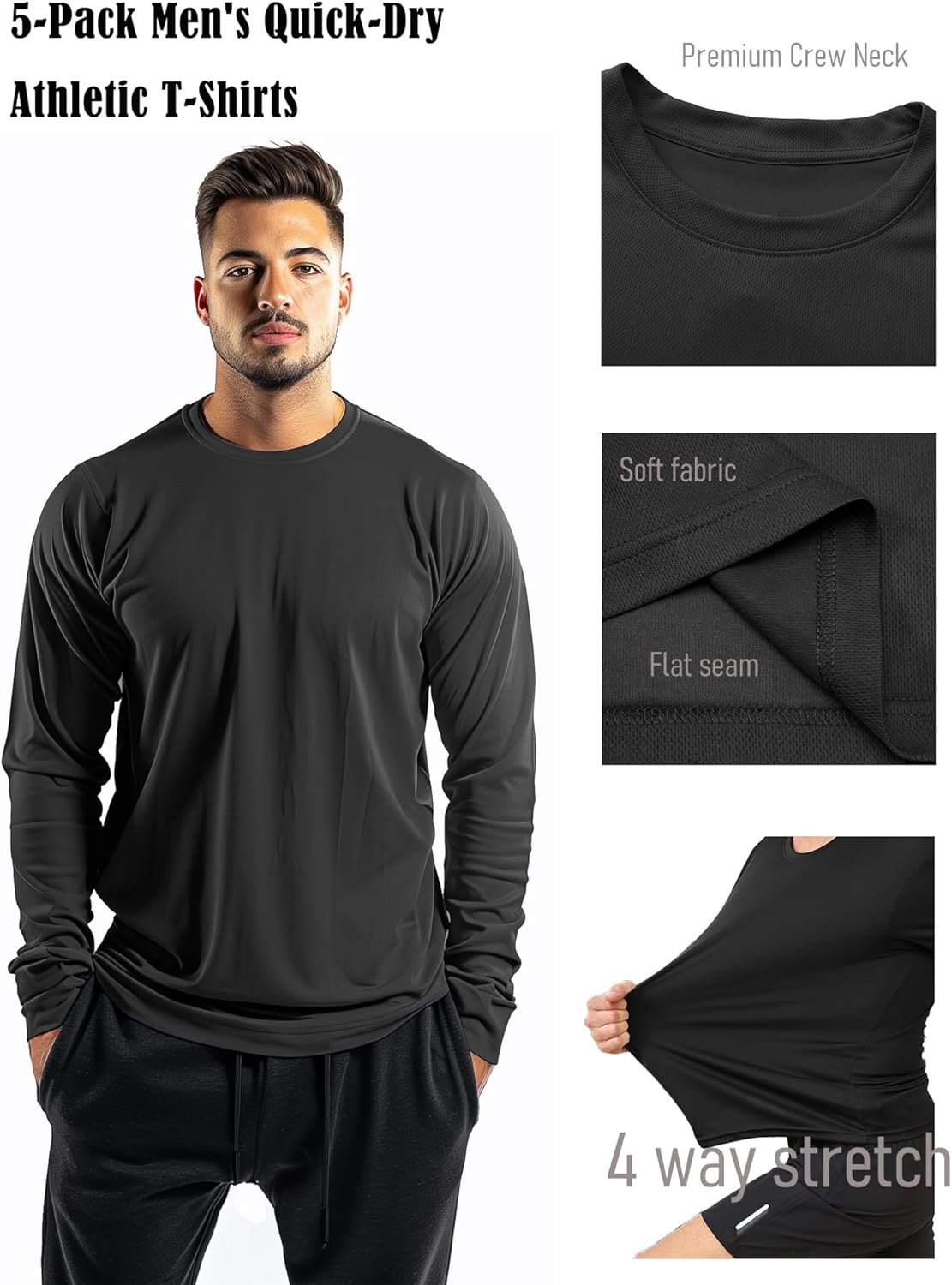5 Pack Mens Long Sleeve Shirts Quick Dry Moisture Wicking Athletic Running Gym Workout T Shirts - Image 3