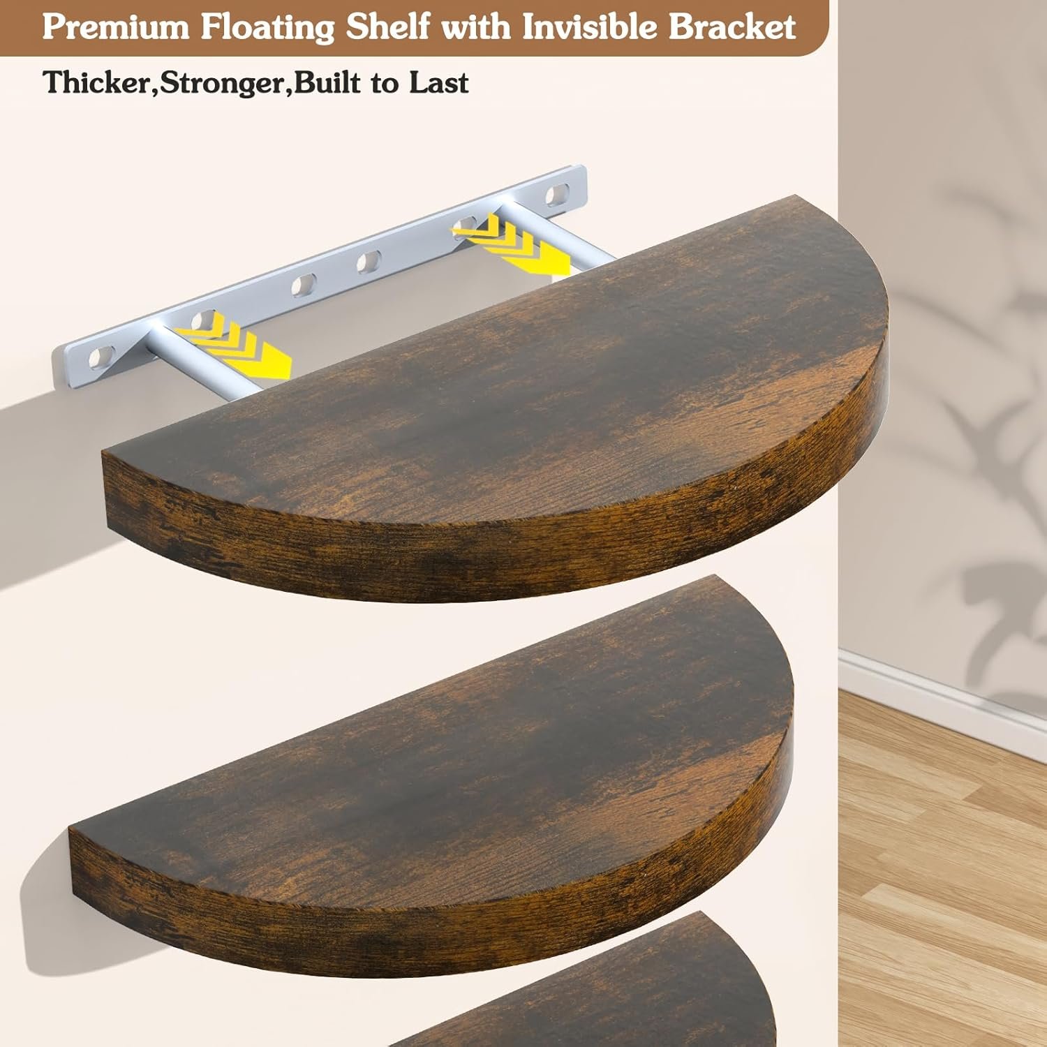 Olakee Floating Shelves for Wall Set of 3, 15.4" Rustic Wood Wall Mounted Shelves for Bathroom, Bedroom, Living Room, Kitchen, Office – Heavy Duty Decorative Storage Shelves – Carbonized Black - Image 6