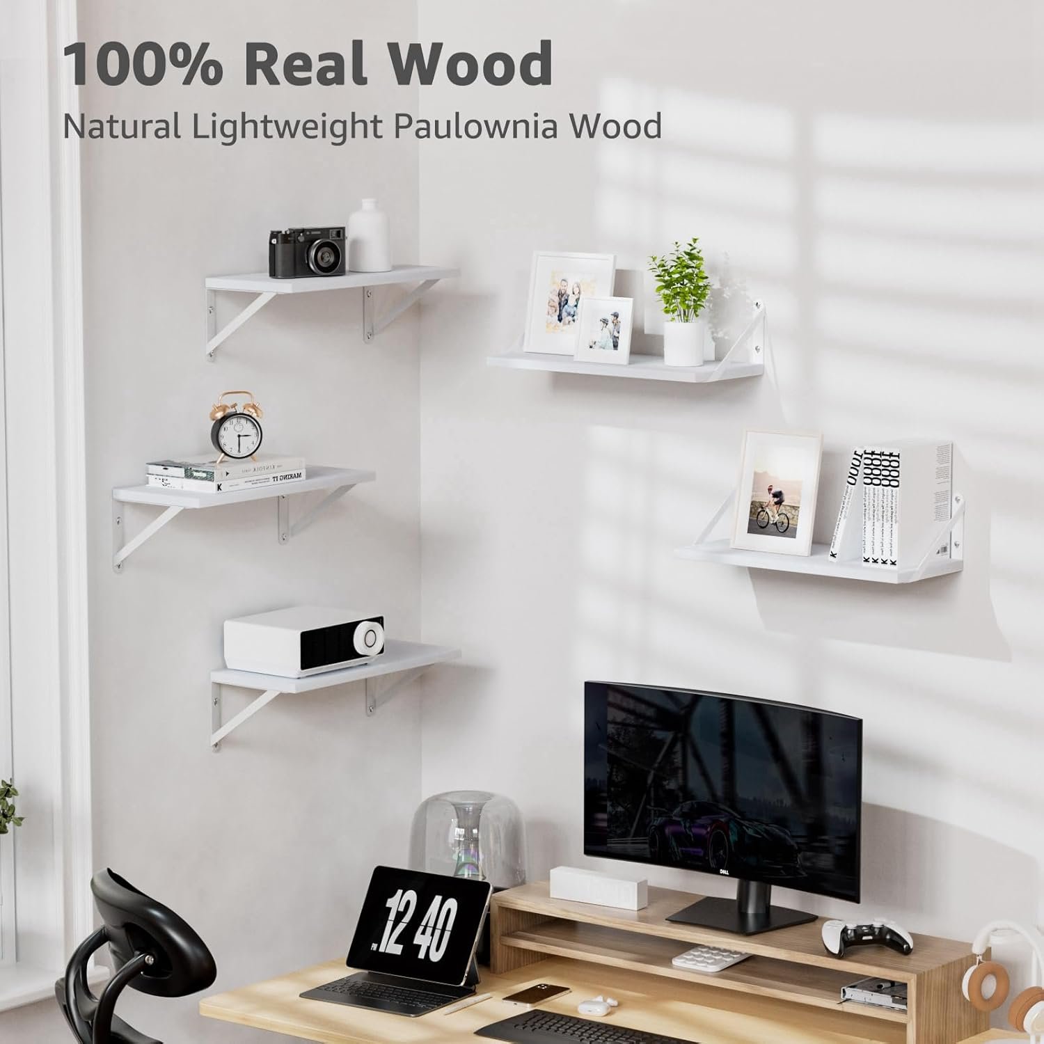 Wall Shelves 7.3" Deep Set of 3, Solid Paulownia Wood Wider Longer Sturdy Easy to Install Wall Mounted Bookshelves Storage Shelves Bathroom Storage Office Laundry Room Bedroom Organizer White - Image 6