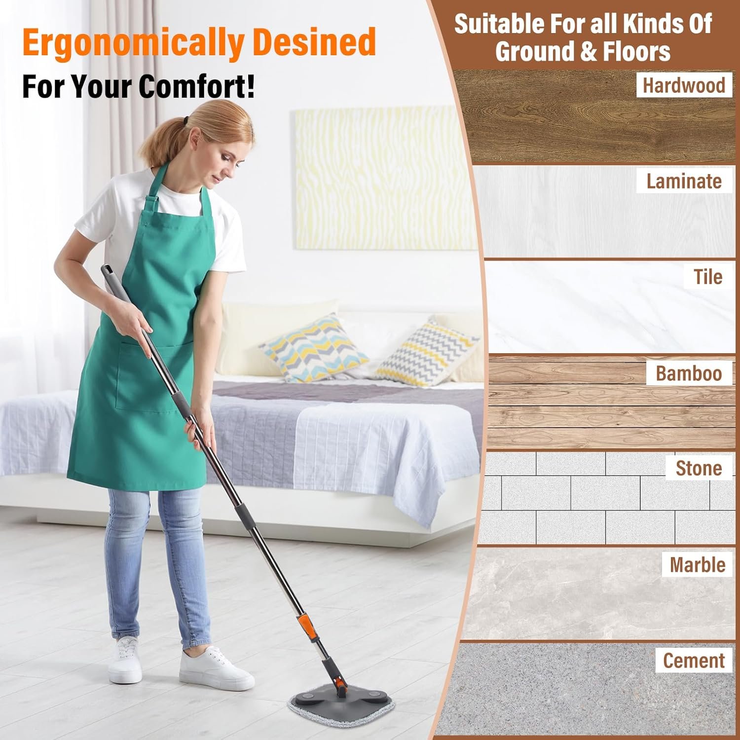 Spin Mop and Bucket Set with Self Separation Dirty and Clean Water System,Self Wringing 360° Rotating Square Clean Mop and Bucket with Wringer,Home Floor Tile Cleaning(3 Thick Mop Pads)(Black) - Image 6