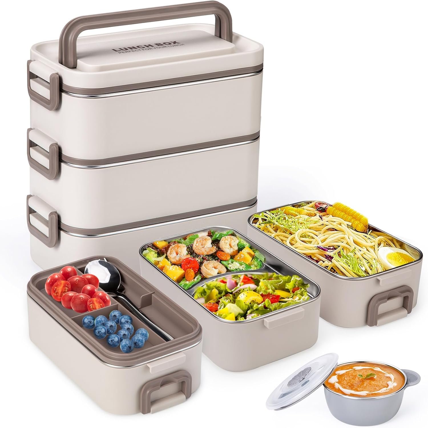 Bento Box Adult Lunch Box, Stackable 3 Layer 304 Stainless Steel Lunch box for Adults Kids Office, 3L Large Capacity Portable Lunch Box Containers with Soup Bowl Spoon and Fork - Image 2