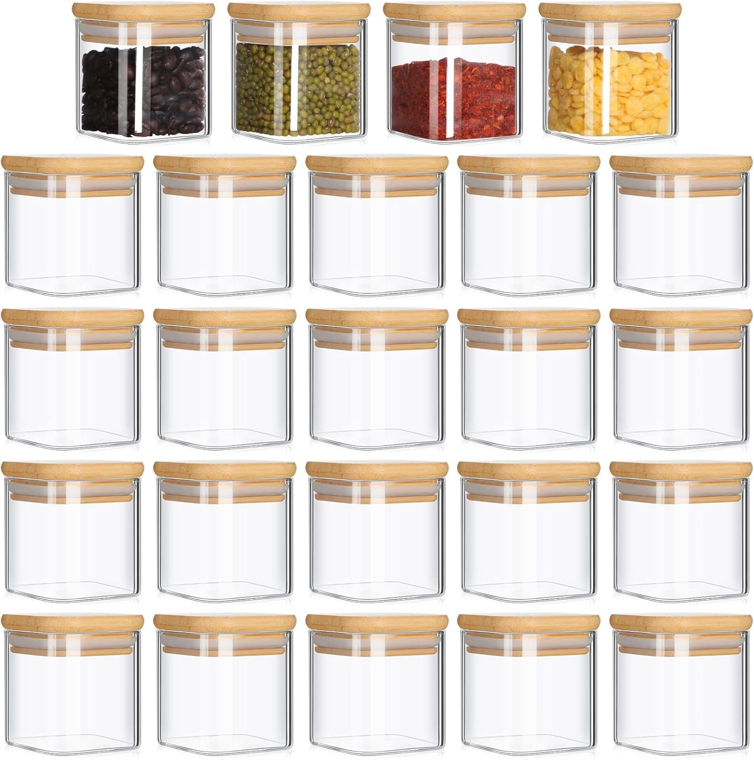 Nuenen Set of 24 Airtight Square Spice Containers 4 oz Glass Spice Jars with Bamboo Lid Small Seasoning Jars Empty Food Storage Containers for Pantry Clear Food Canisters for Kitchen Sugar Coffee - Image 2